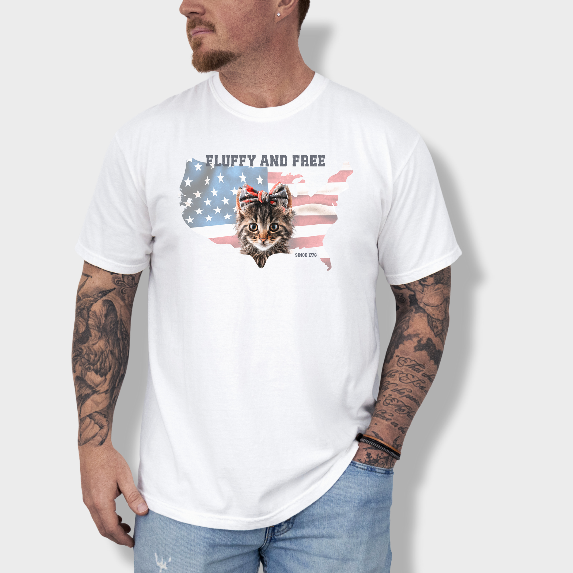 Retro Fluffy and Free Fourth of July Kitty Cat Graphic Comfort Colors T-Shirt in White