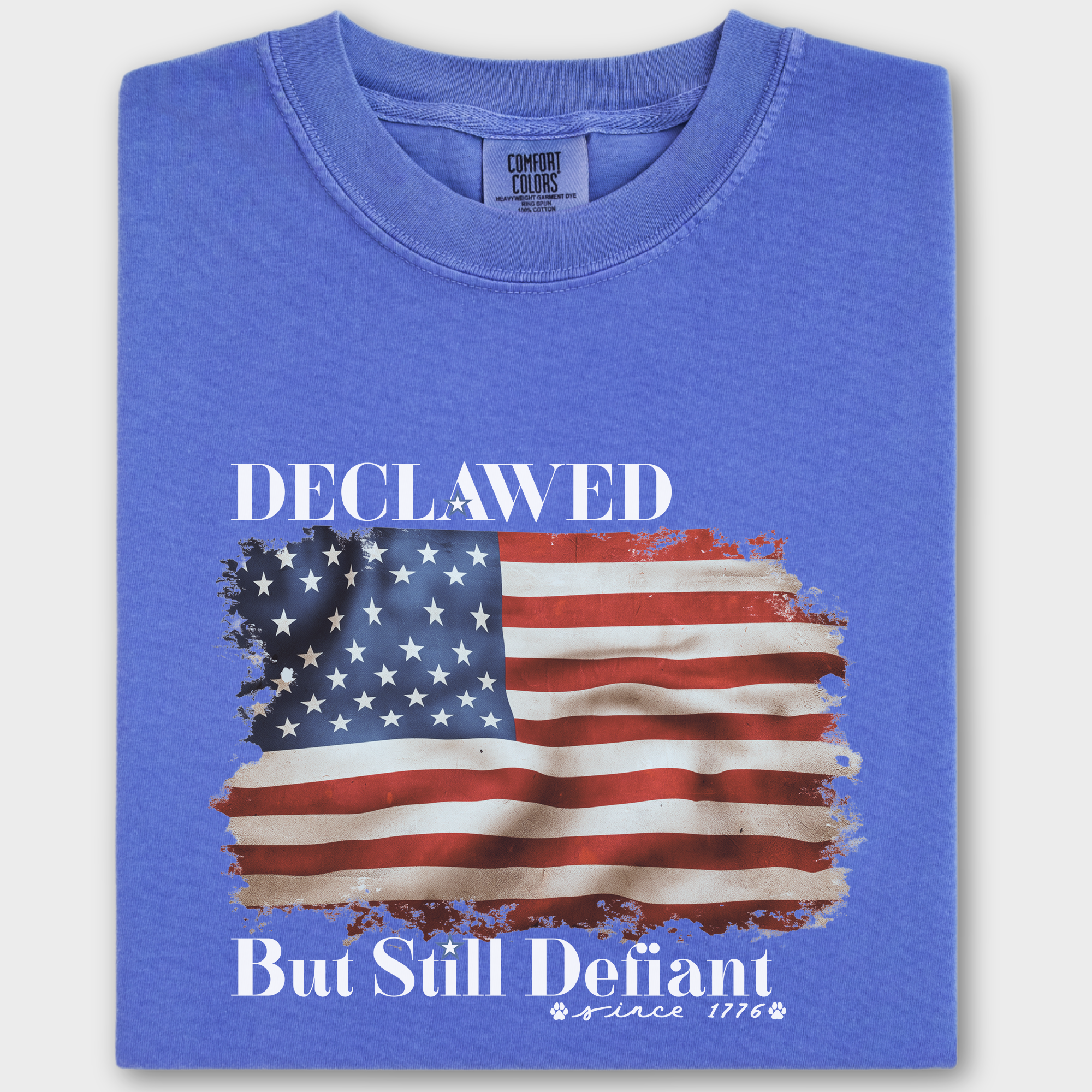 Vintage Declawed but Still Defiant Fourth of July United States Flag Cat Graphic Comfort Colors T-Shirt in Flo Blue