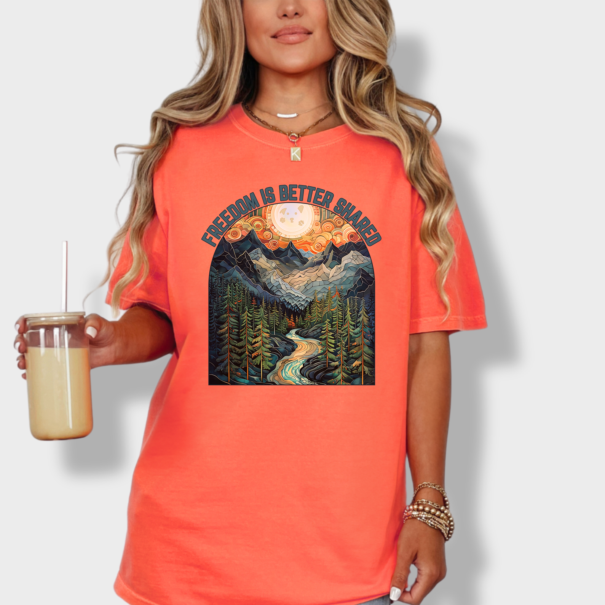 Artistic Mountain Freedom Is Better Shared Stained Glass Version Dog Graphic Comfort Colors T-Shirt in Bright Salmon-Fetch N Found