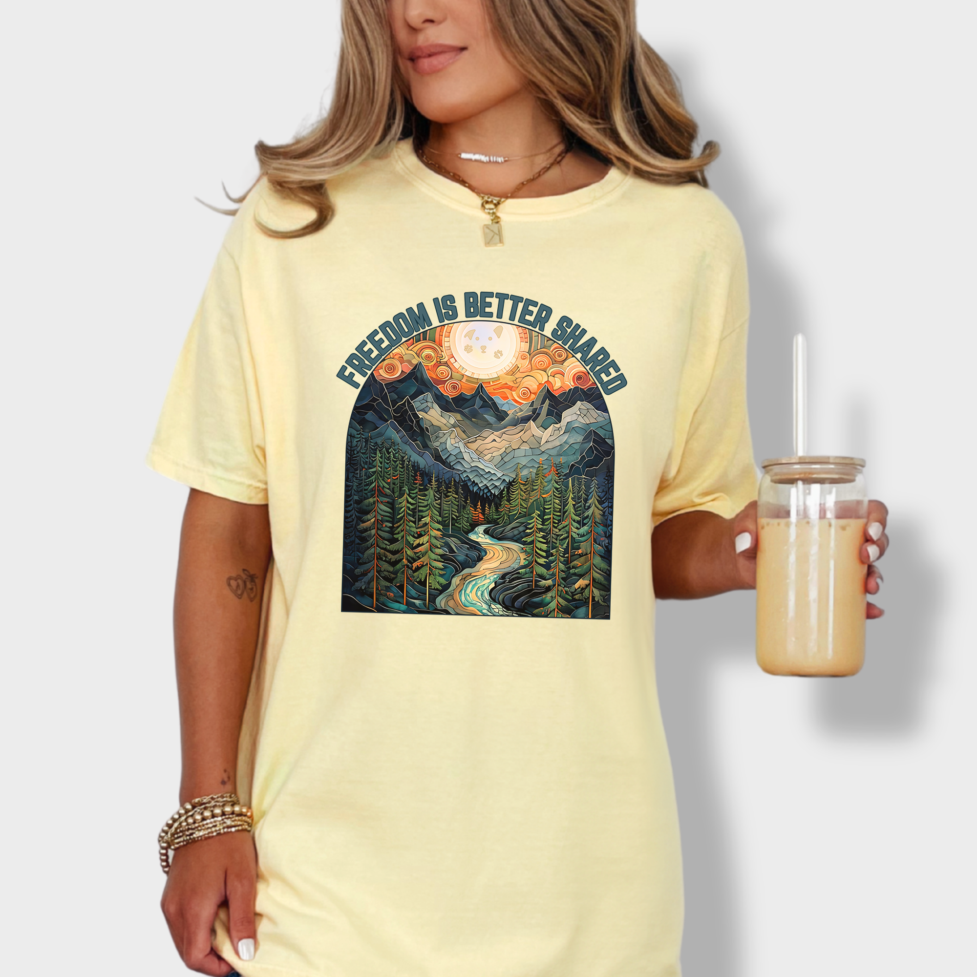 Artistic Mountain Freedom Is Better Shared Stained Glass Version Dog Graphic Comfort Colors T-Shirt in Butter-Fetch N Found