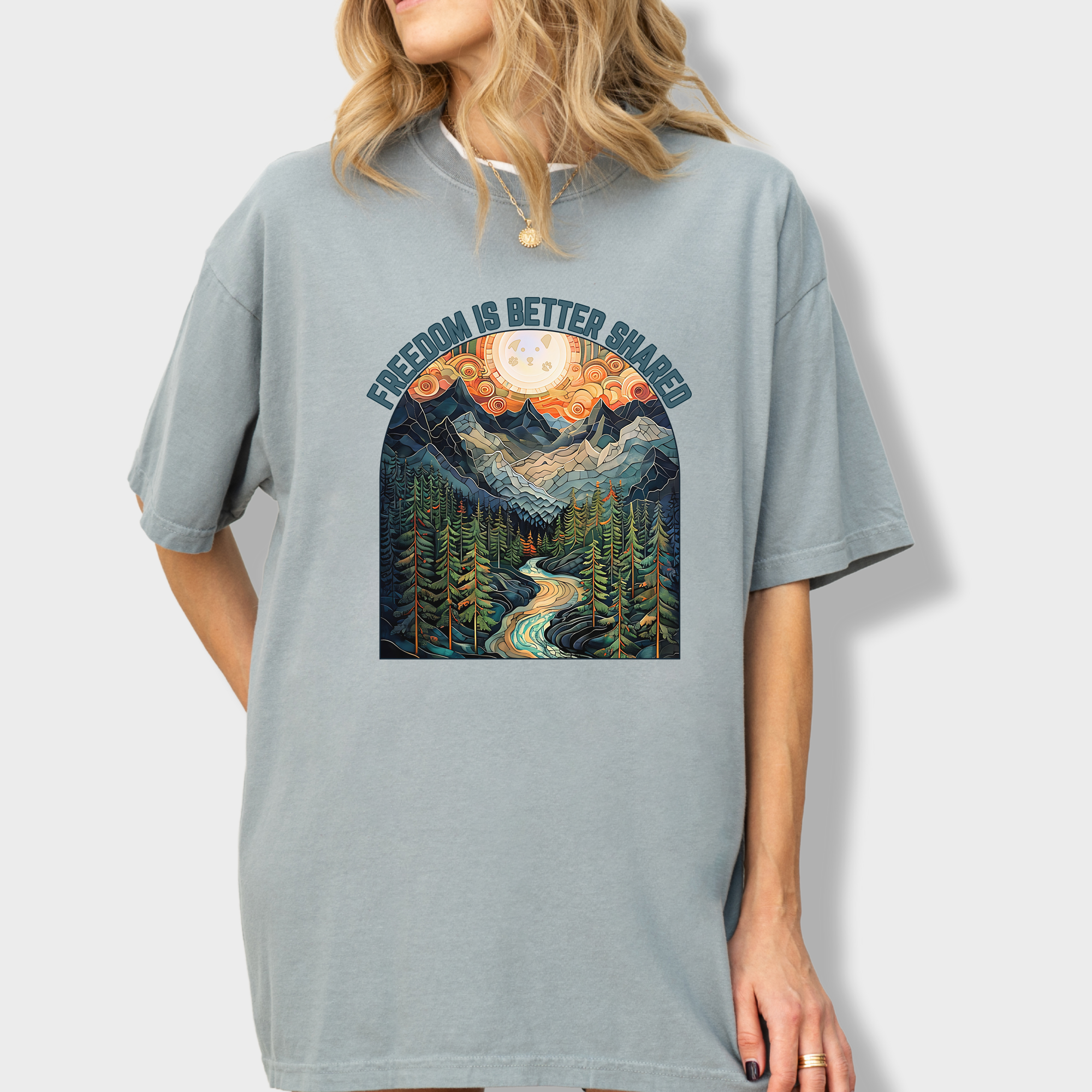 Artistic Mountain Freedom Is Better Shared Stained Glass Version Dog Graphic Comfort Colors T-Shirt in Granite-Fetch N Found
