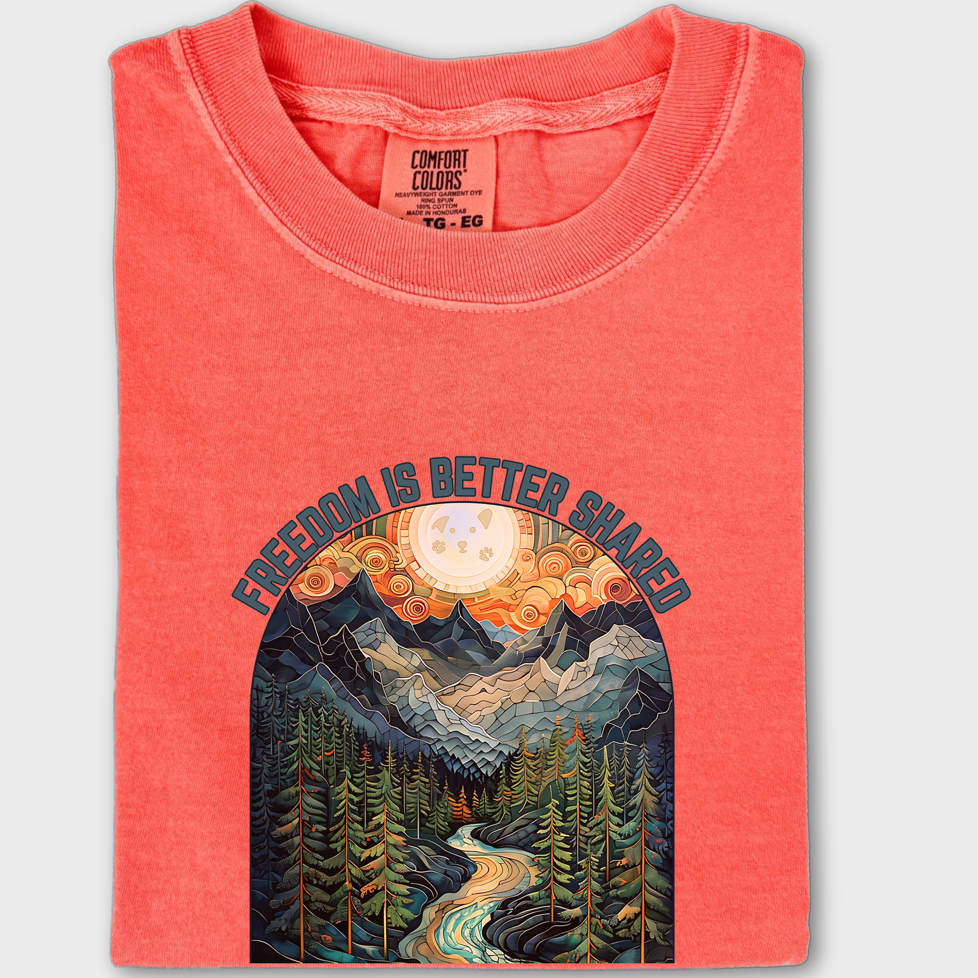 Artistic Mountain Freedom Is Better Shared Stained Glass Version Dog Graphic Comfort Colors T-Shirt in Bright Salmon-Fetch N Found