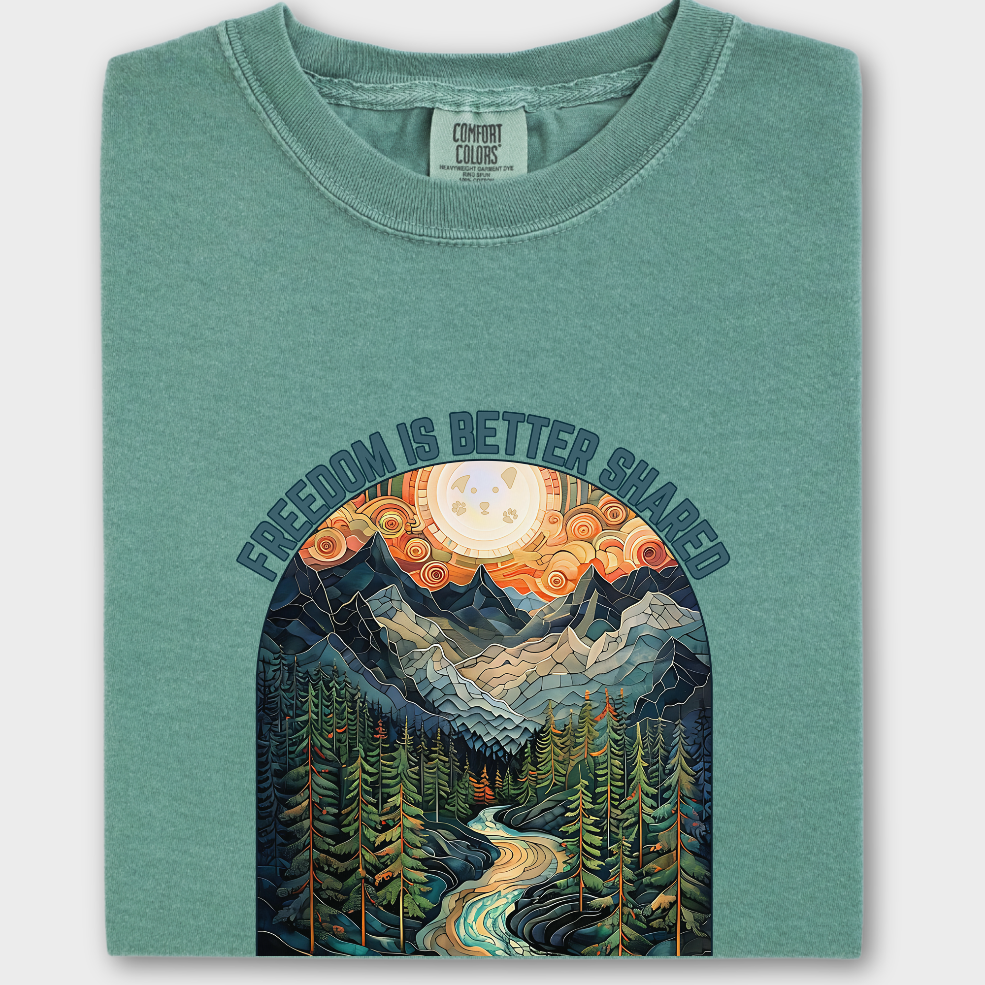 Artistic Mountain Freedom Is Better Shared Stained Glass Version Dog Graphic Comfort Colors T-Shirt in Light Green-Fetch N Found