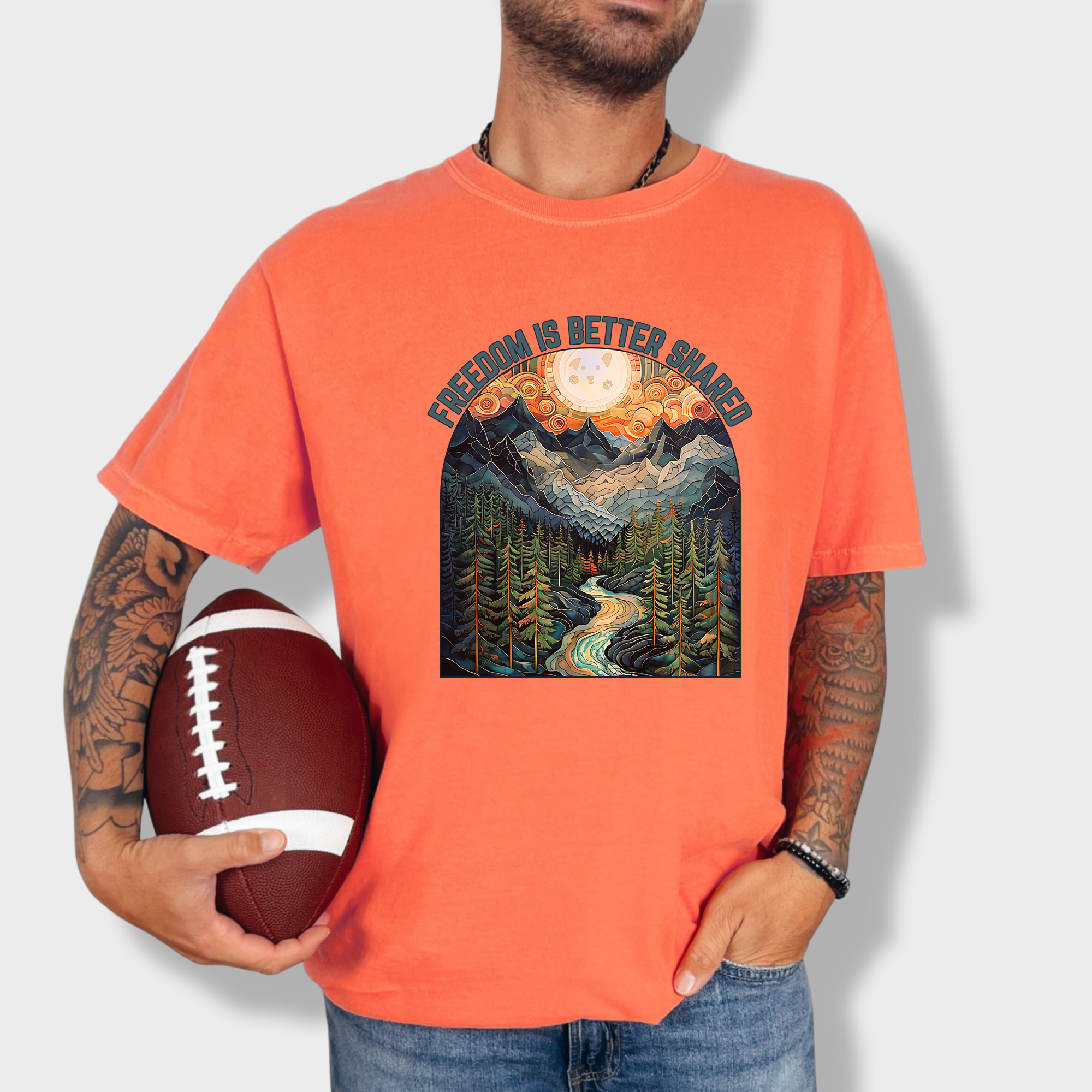 Artistic Mountain Freedom Is Better Shared Stained Glass Version Dog Graphic Comfort Colors T-Shirt in Bright Salmon-Fetch N Found