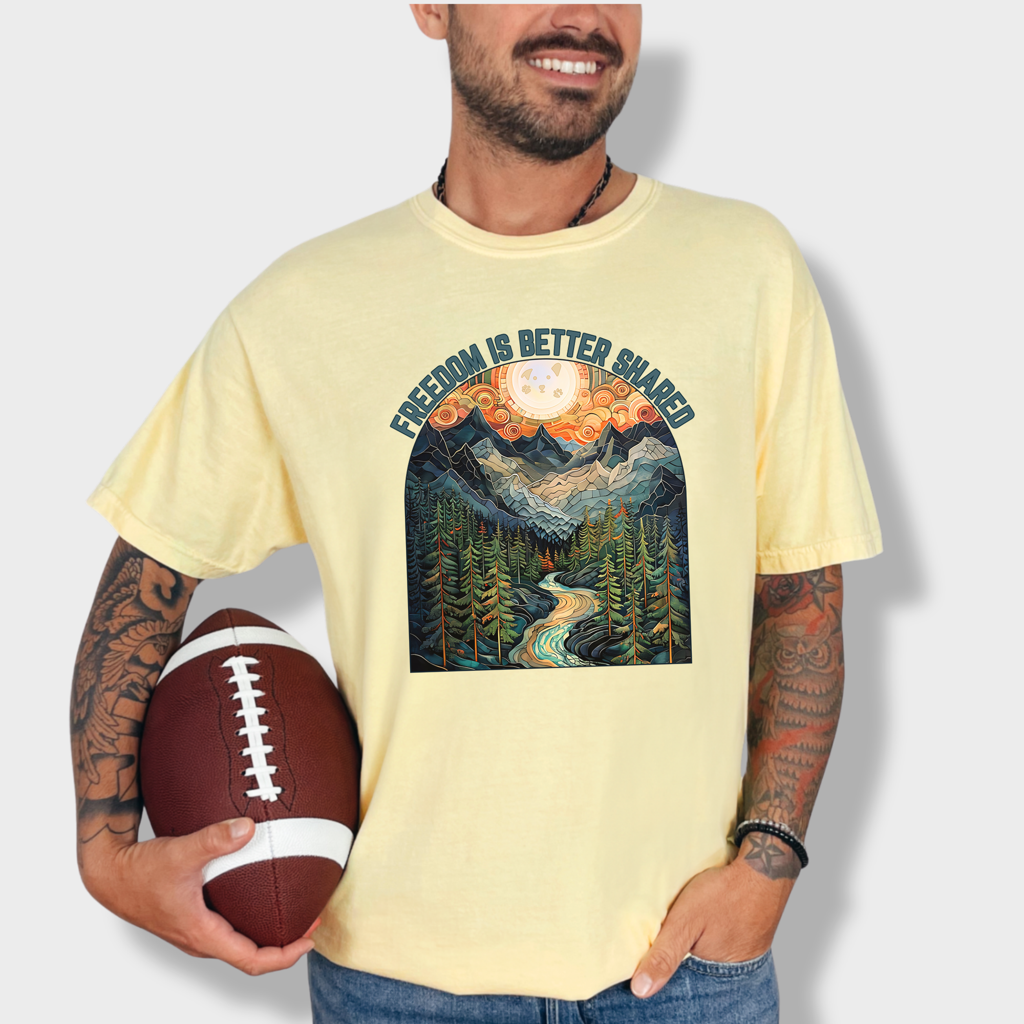 Artistic Mountain Freedom Is Better Shared Stained Glass Version Dog Graphic Comfort Colors T-Shirt in Butter-Fetch N Found