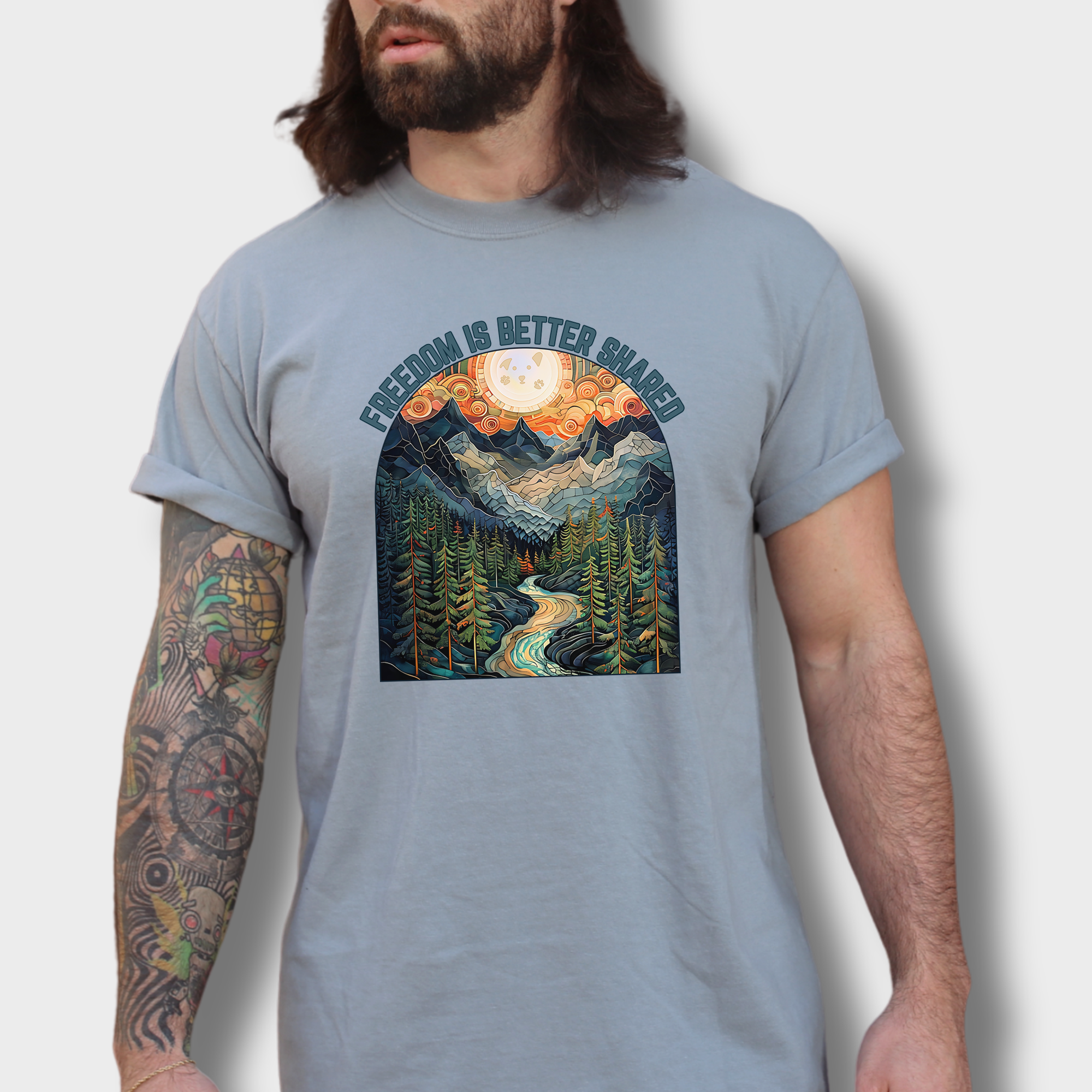 Artistic Mountain Freedom Is Better Shared Stained Glass Version Dog Graphic Comfort Colors T-Shirt in Granite-Fetch N Found