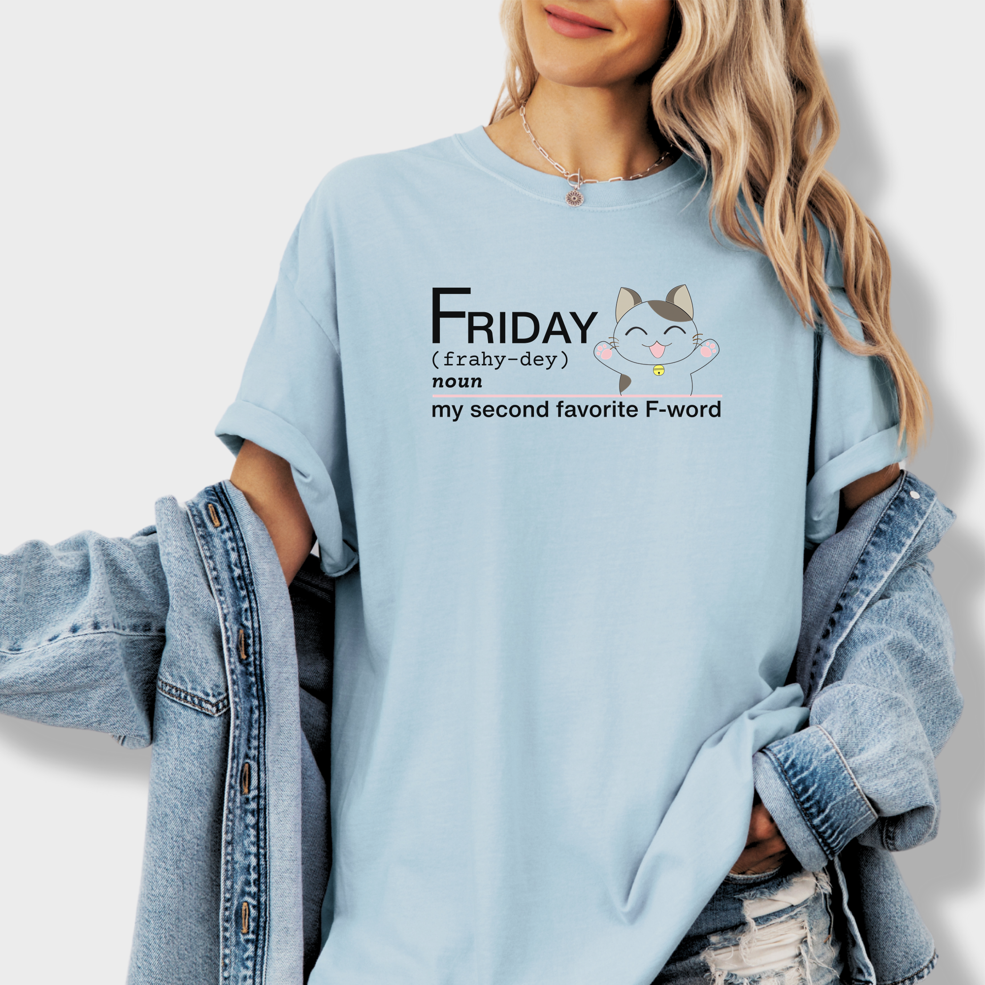 Artistic Friday Second Favorite F-Word Cat Text Comfort Colors T-Shirt in Chambray-Fetch N Found