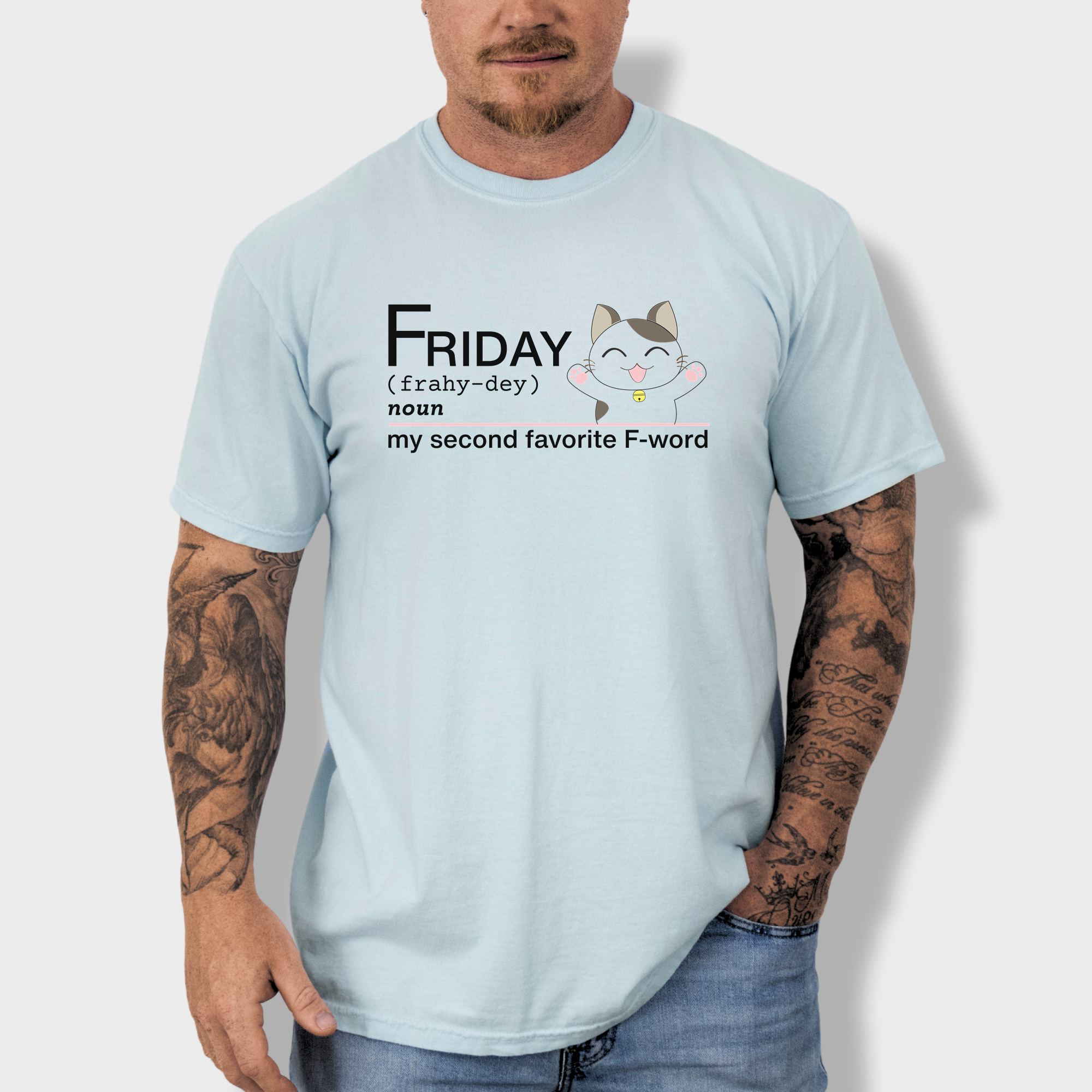 Artistic Friday Second Favorite F-Word Cat Text Comfort Colors T-Shirt in Chambray-Fetch N Found
