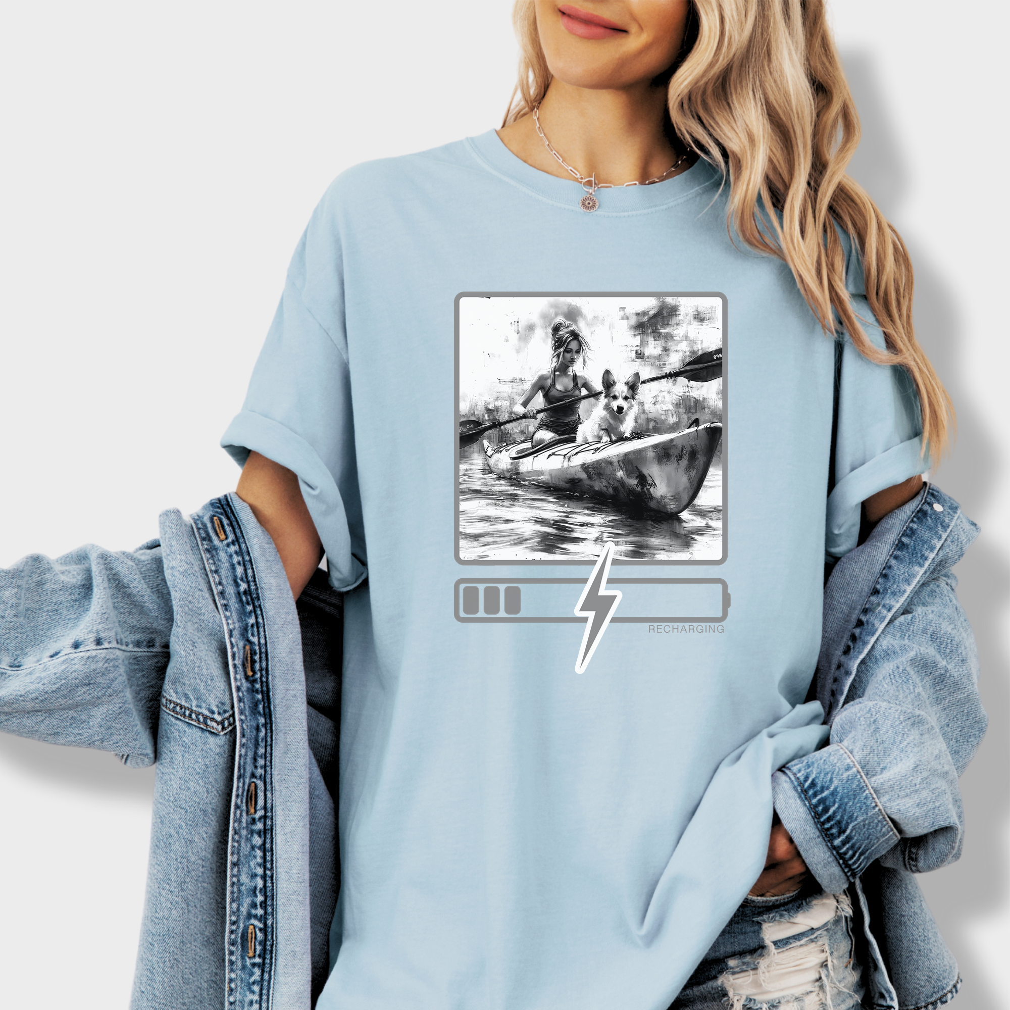 Artistic Recharging Dog Graphic Comfort Colors T-Shirt in Chambray-Fetch N Found