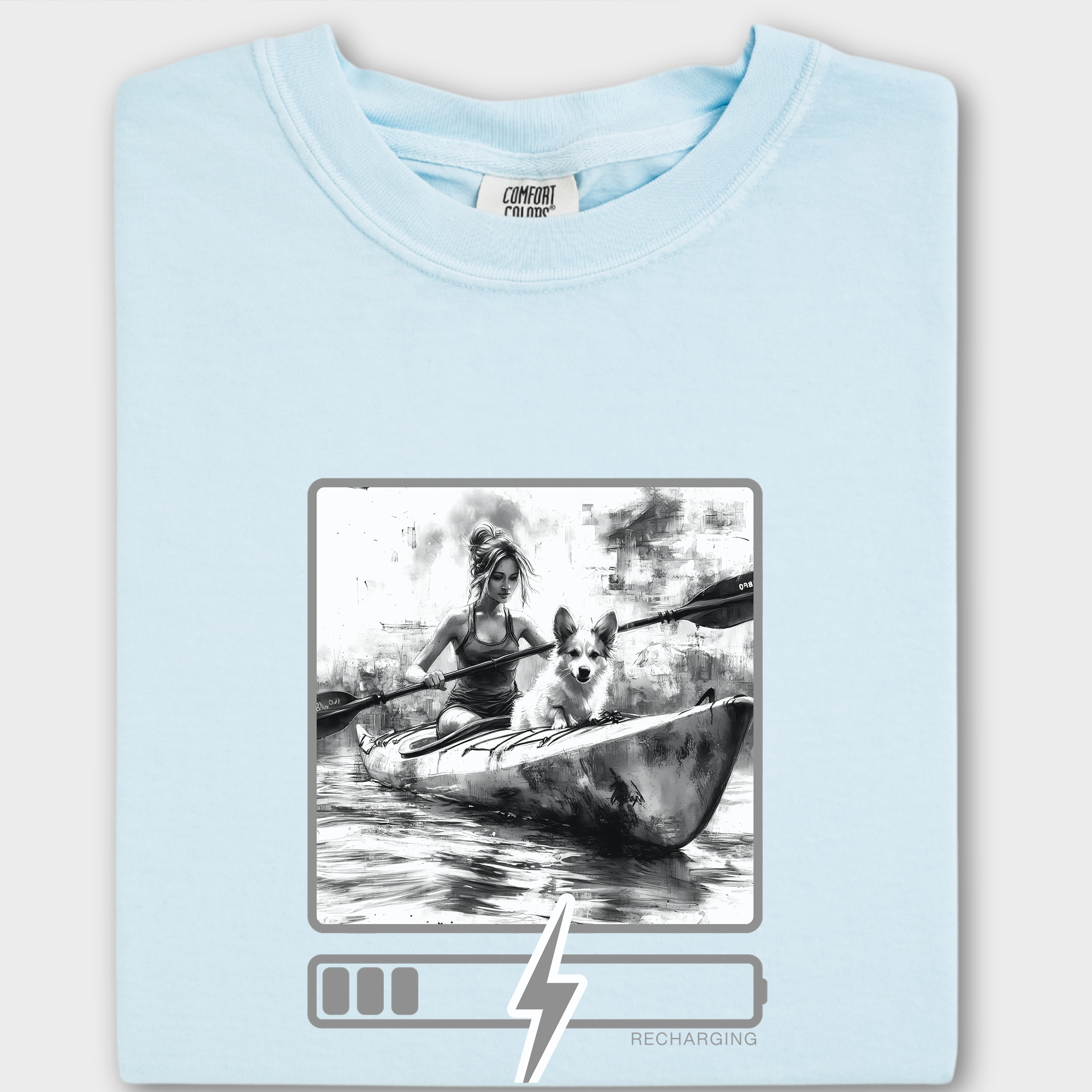Artistic Recharging Dog Graphic Comfort Colors T-Shirt in Chambray-Fetch N Found