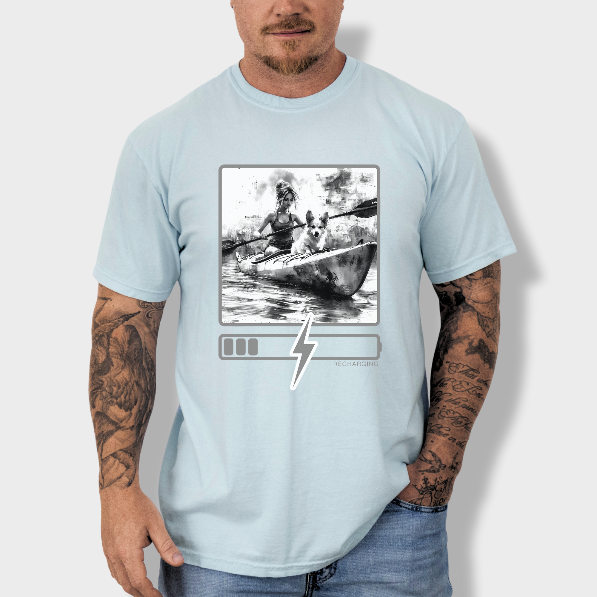 Artistic Recharging Dog Graphic Comfort Colors T-Shirt in Chambray-Fetch N Found