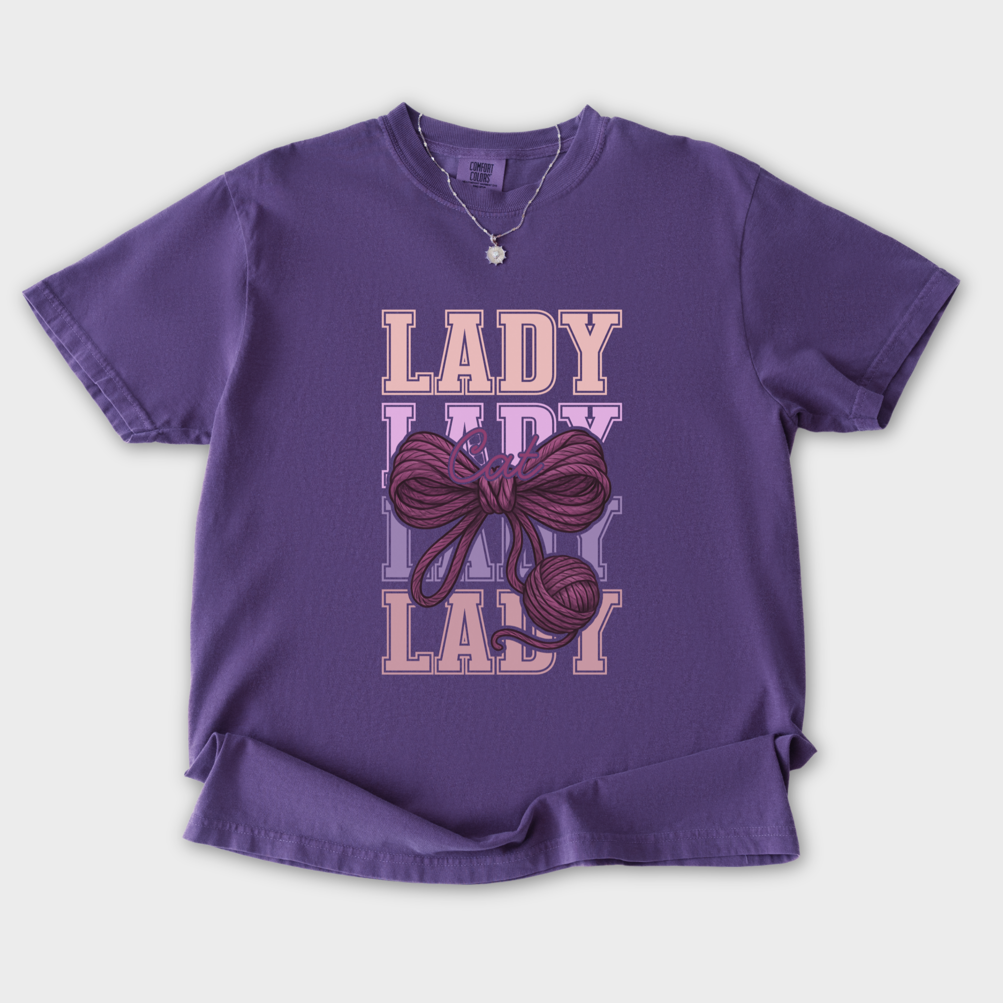 Retro Cat LADY Yarn Bow Cat Bow Comfort Colors T-Shirt in Grape