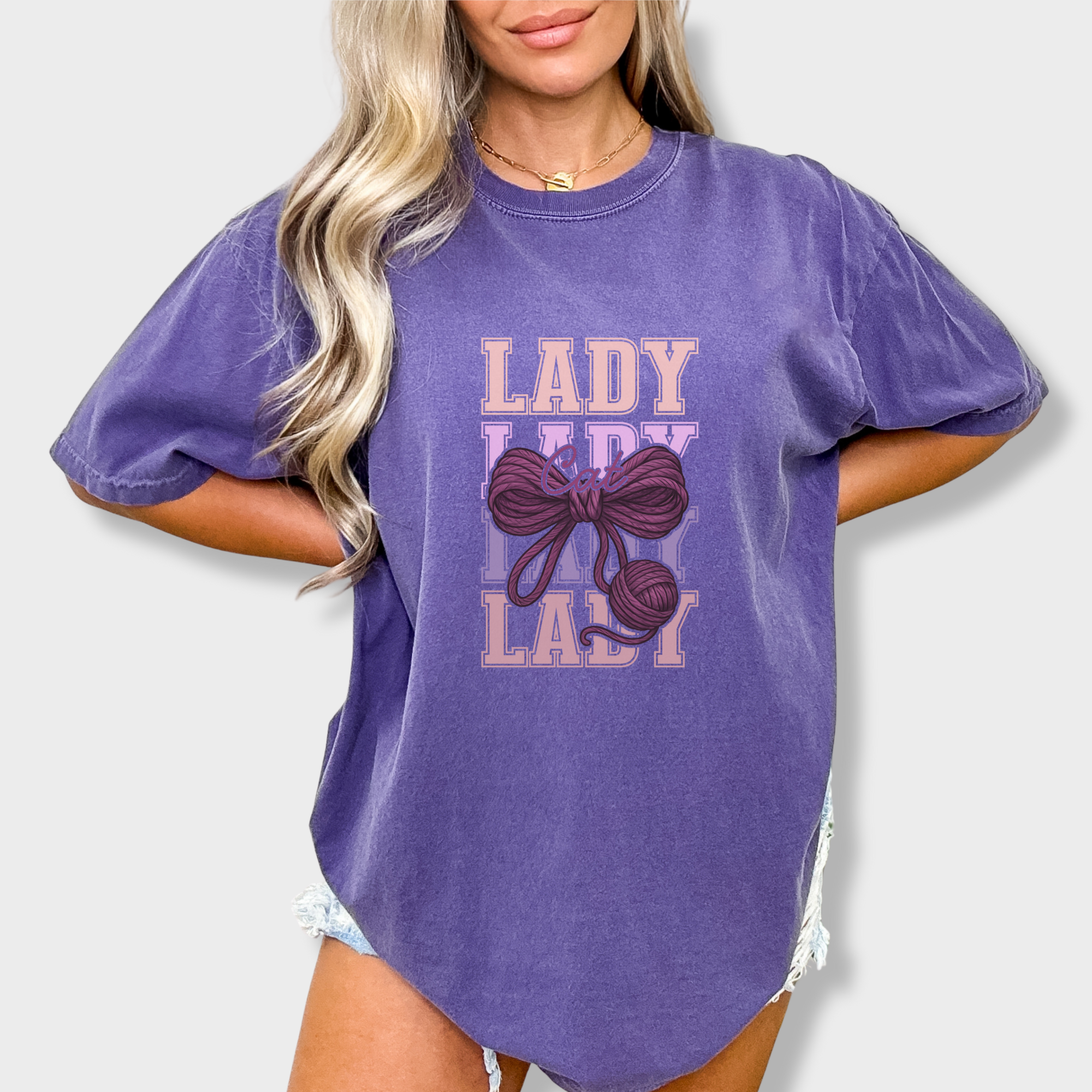 Retro Cat LADY Yarn Bow Cat Bow Comfort Colors T-Shirt in Grape