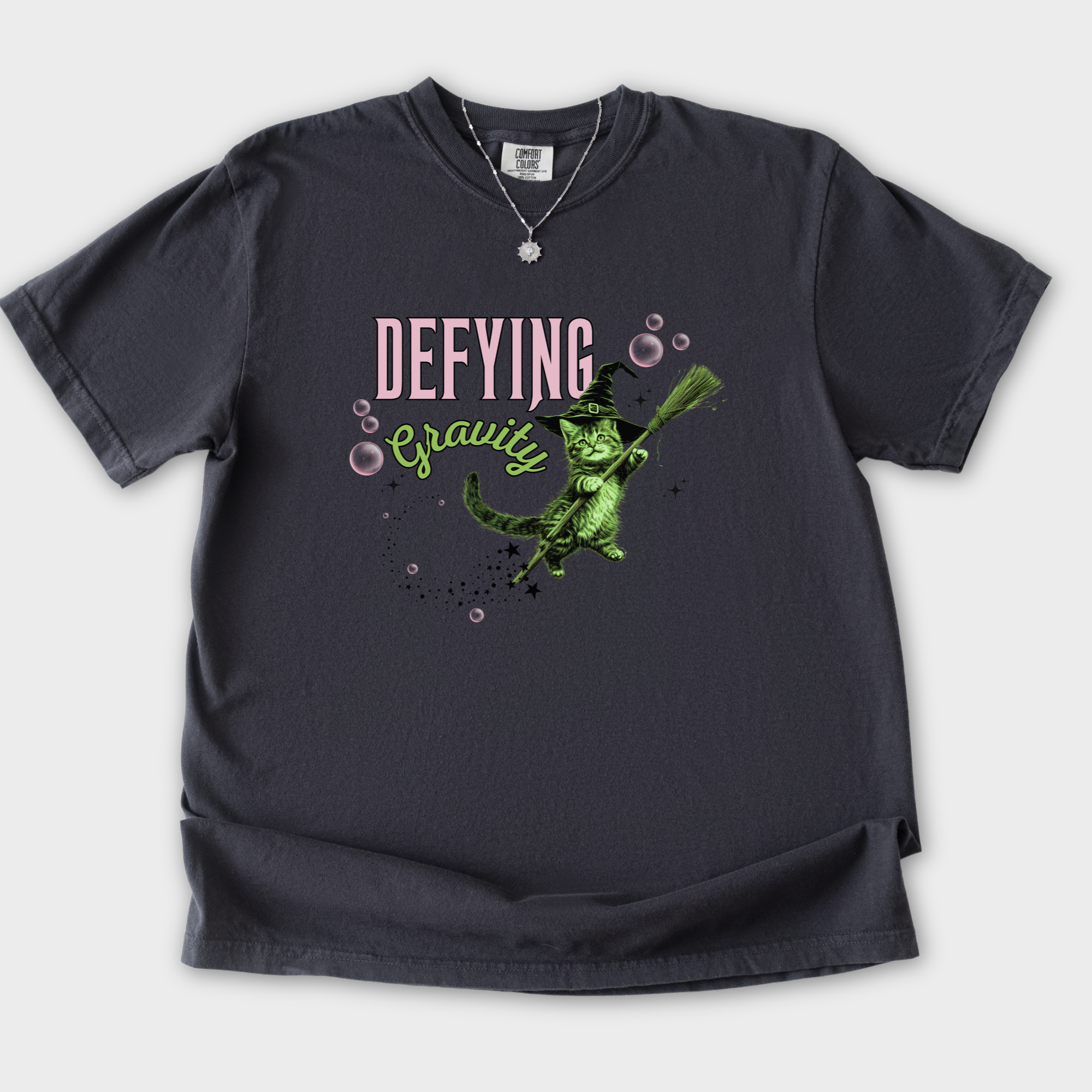 Retro Cute Cat Graphic Defying Gravity Wicked-Inspired T-Shirt in Graphite