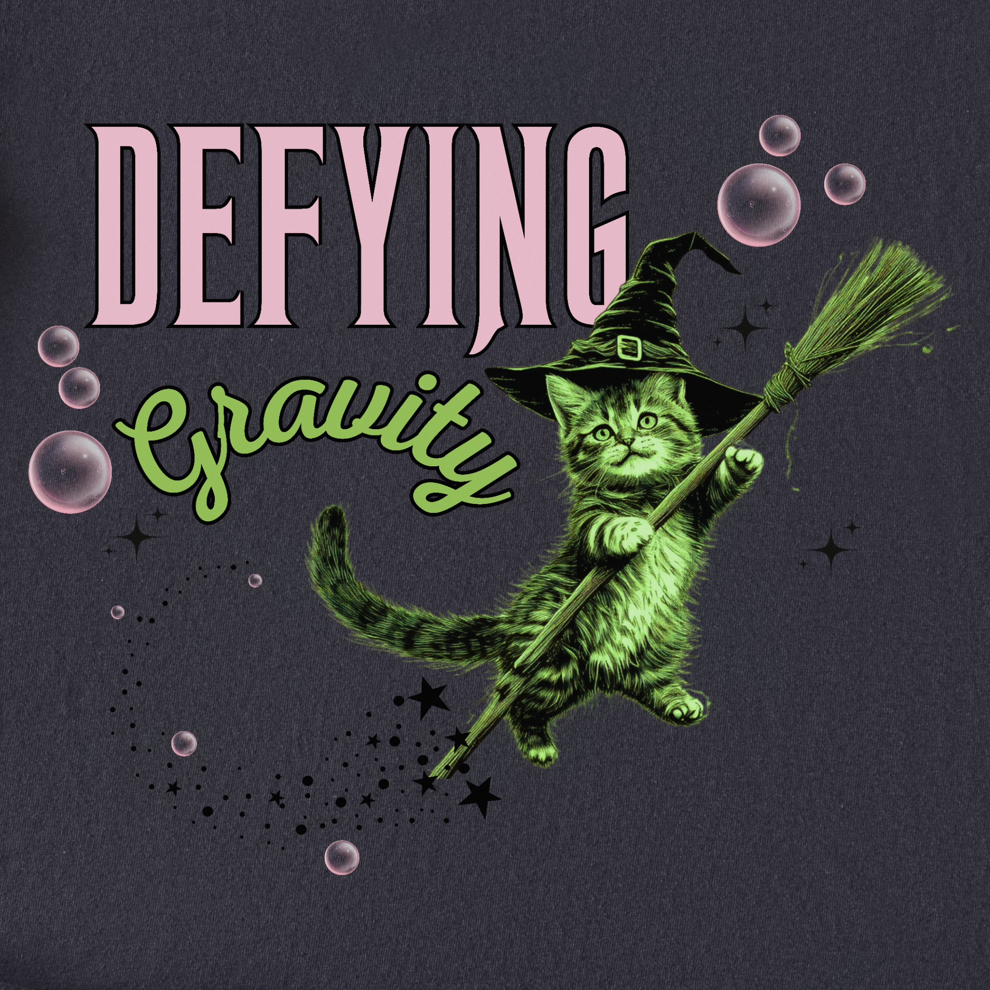 Retro Cute Cat Graphic Defying Gravity Wicked-Inspired T-Shirt in Graphite
