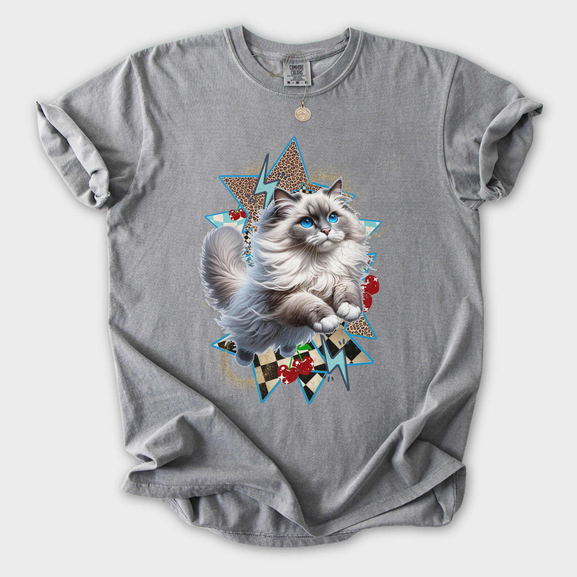 Artistic Y2K Catcore Leaping Ragdoll Cat Cherry Comfort Colors T-Shirt in Gray-T-Shirt-Gray-S-Fetch N Found