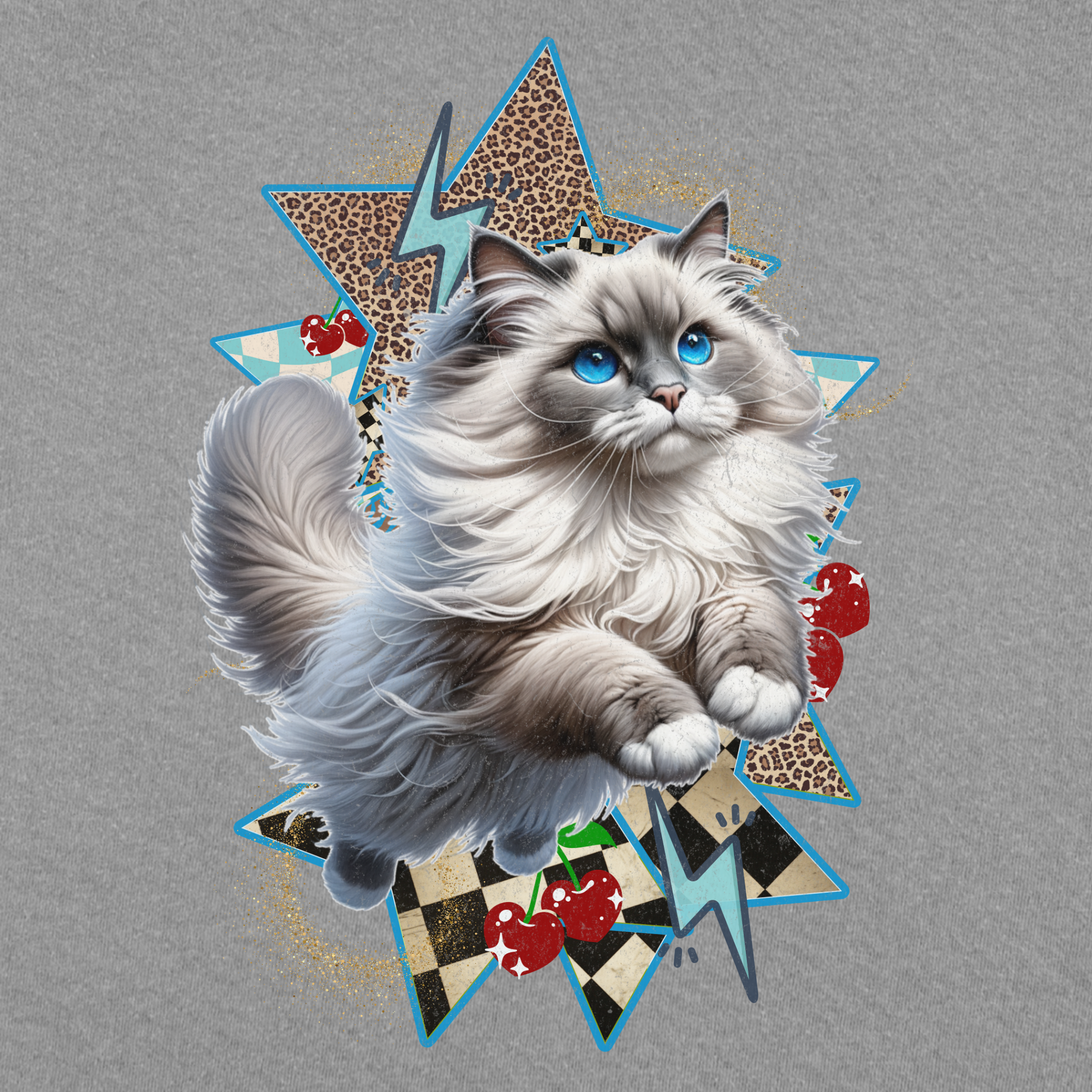 Artistic Y2K Catcore Leaping Ragdoll Cat Cherry Comfort Colors T-Shirt in Gray-T-Shirt-Fetch N Found