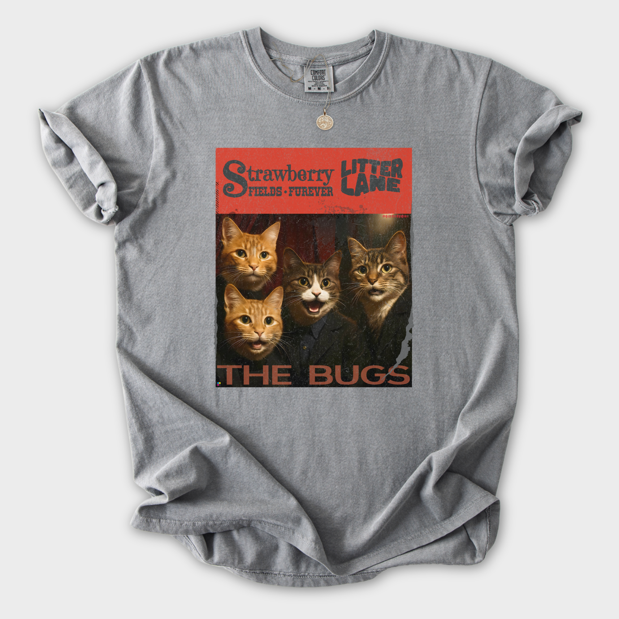 Vintage Strawberry Fields Furever Litter Lane Famous Cat Musician Album Cover Cat Graphic Comfort Colors T-Shirt in Gray
