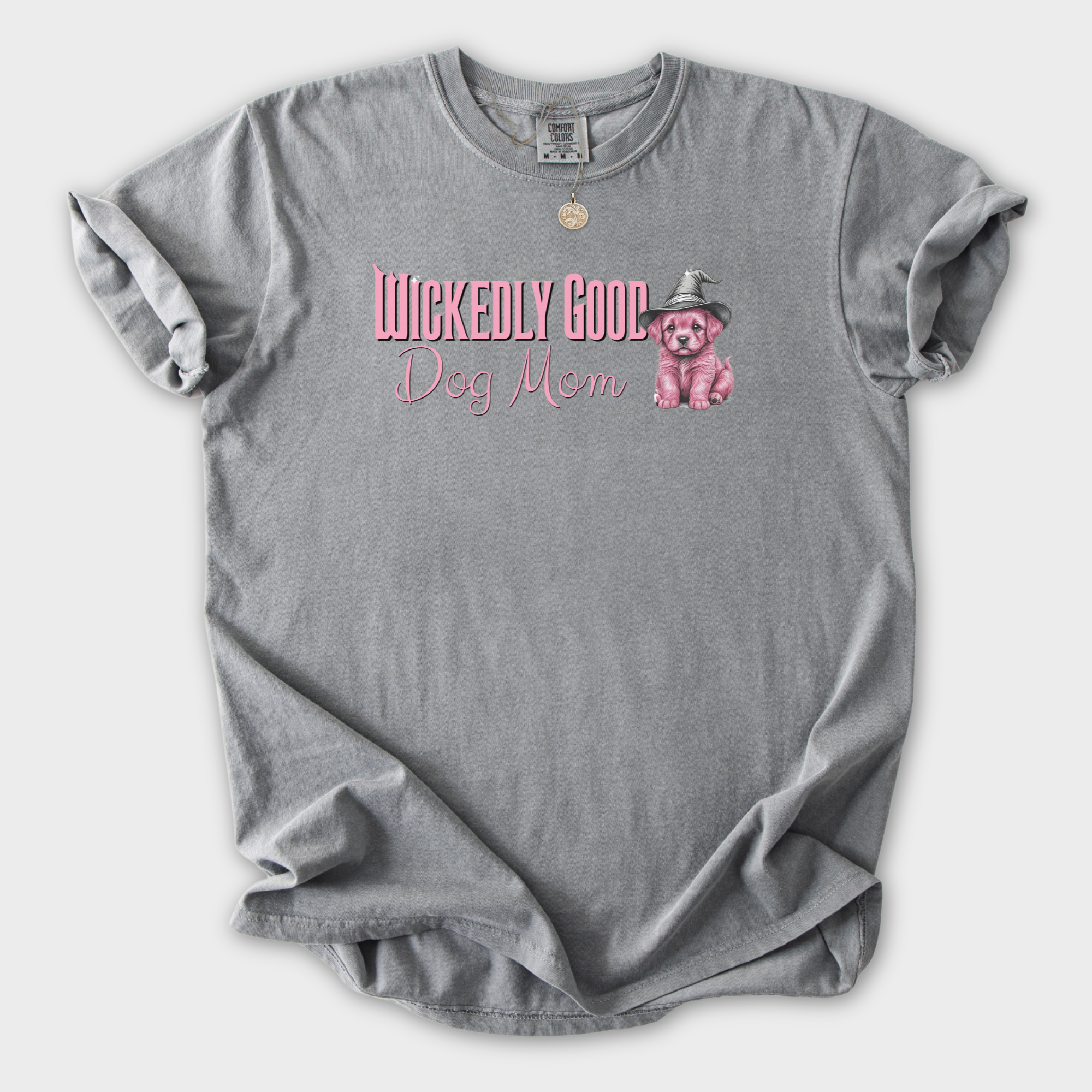 Movie-Inspired Pink Wickedly Good Dog Mom Dog Graphic Comfort Colors T-Shirt in Gray