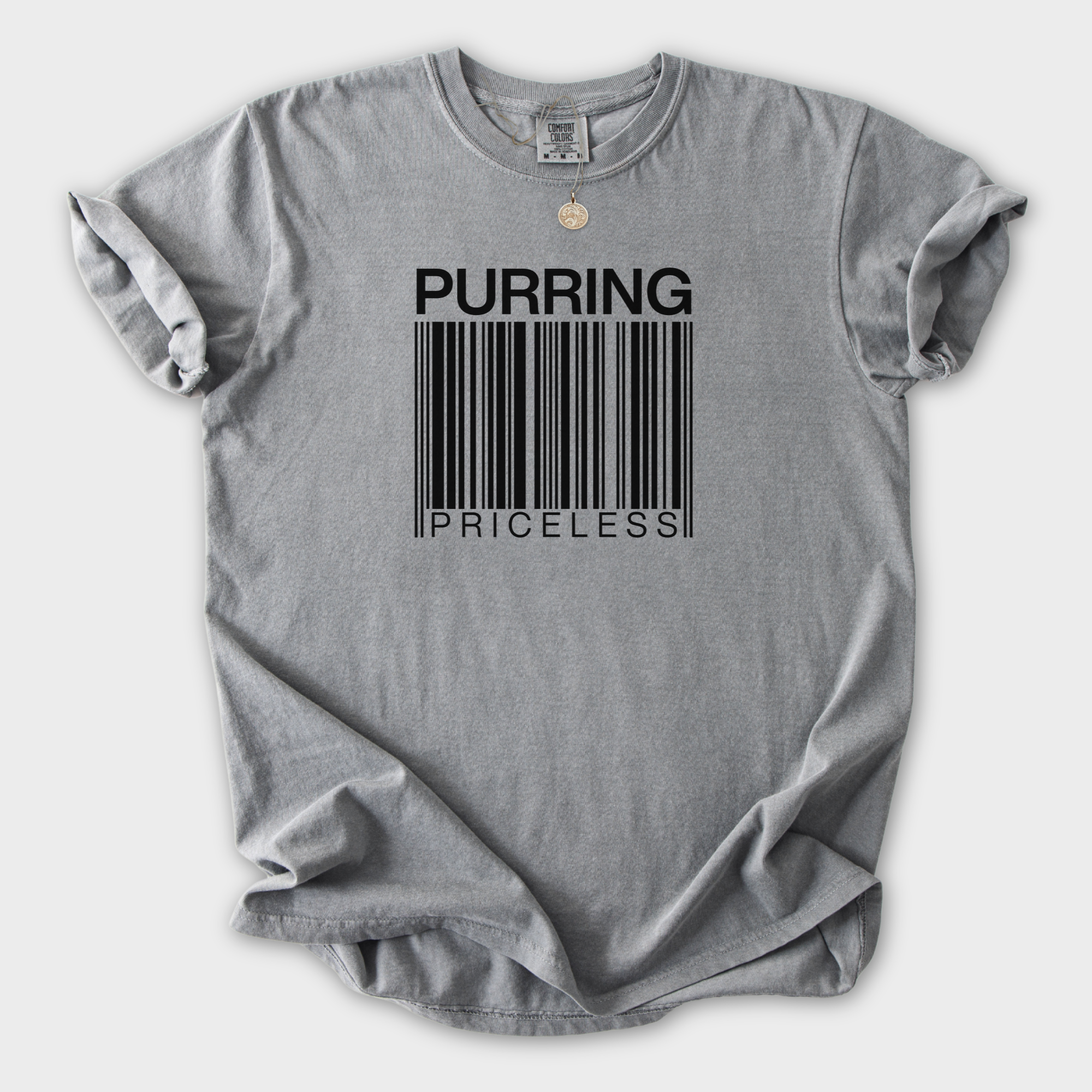 Modern Purring is Priceless Barcode Cat Graphic Comfort Colors T-Shirt in Gray