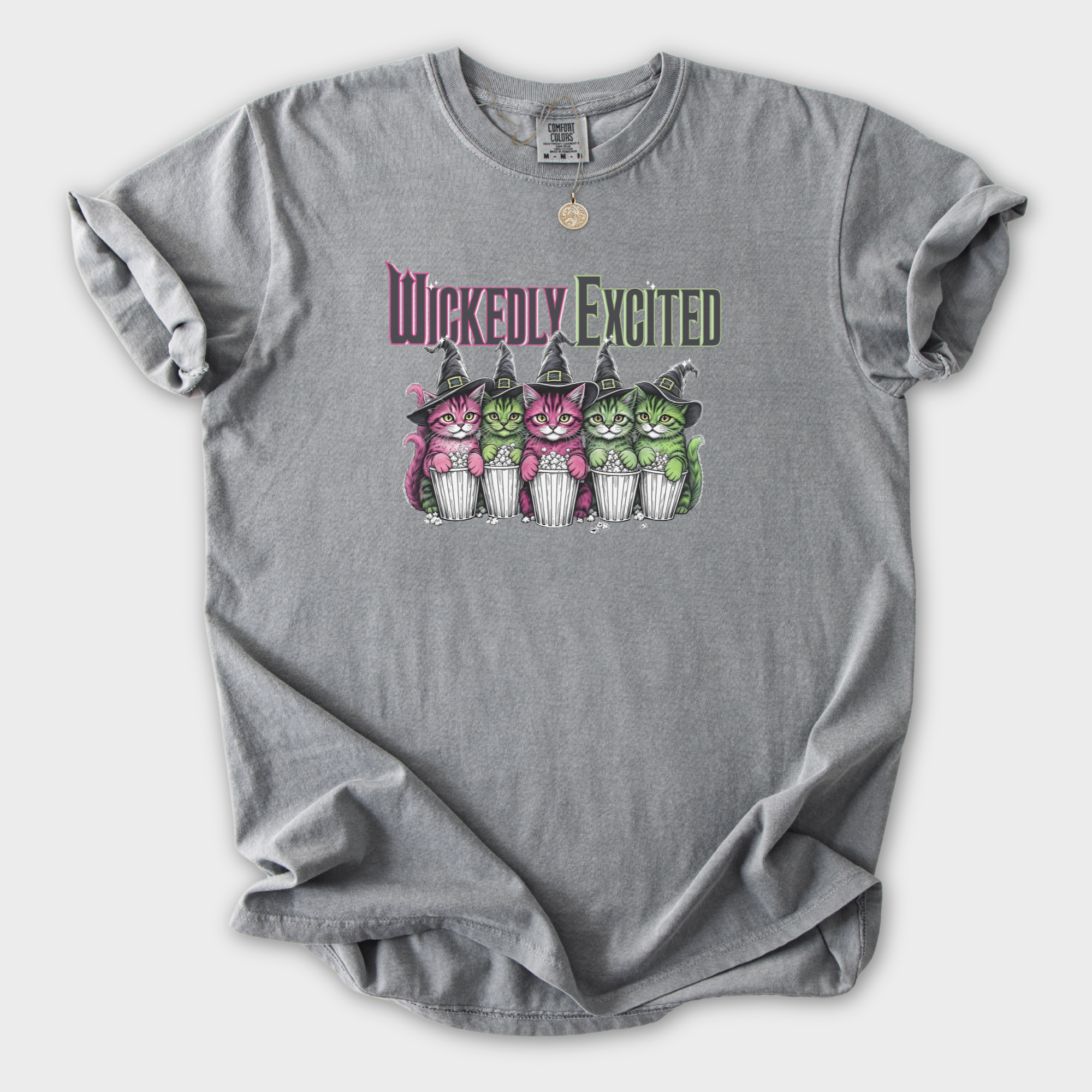 Movie-Inspired Wickedly Excited Movie Going Kitties Cat Graphic Comfort Colors T-Shirt in Gray