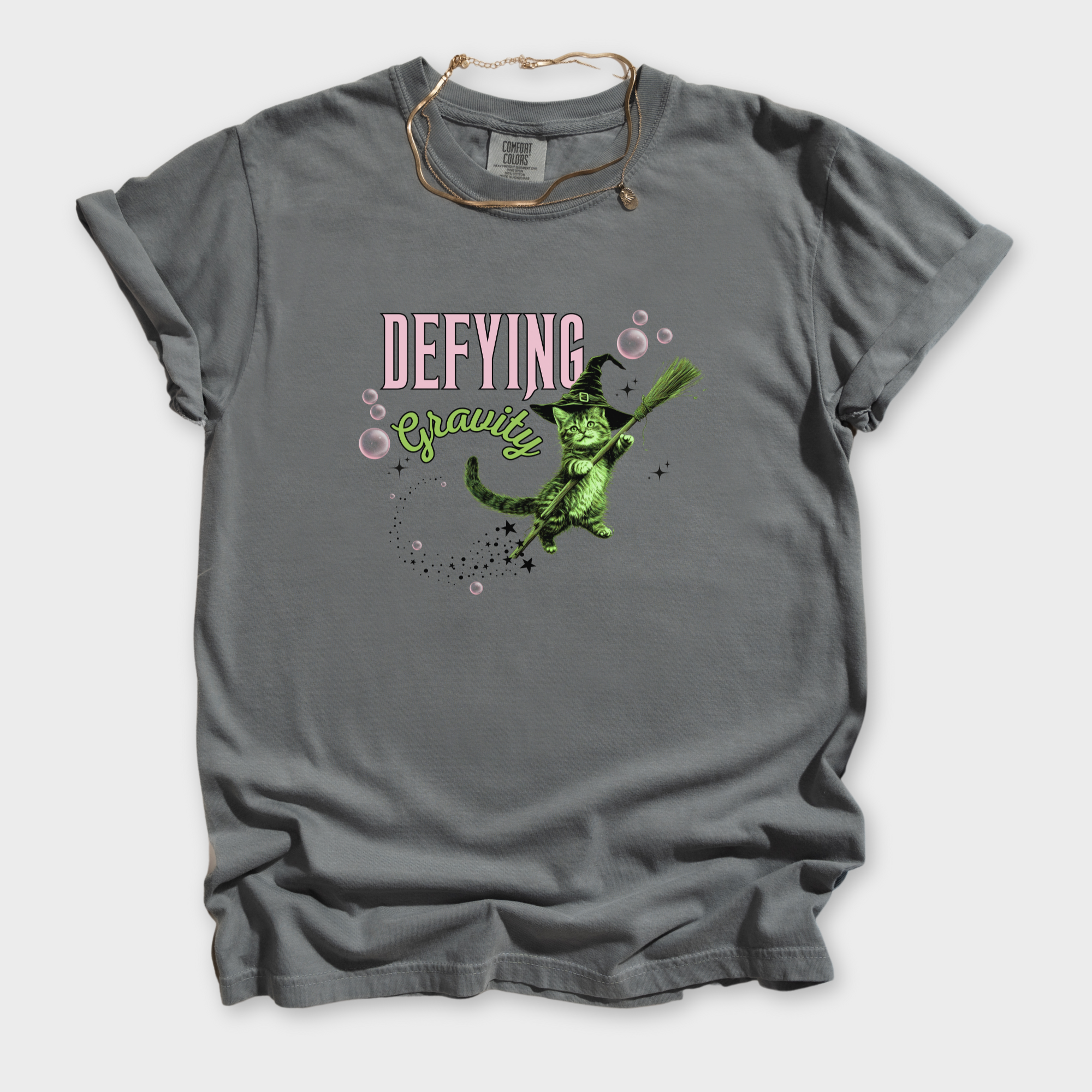 Retro Cute Cat Graphic Defying Gravity Wicked-Inspired T-Shirt in Gray