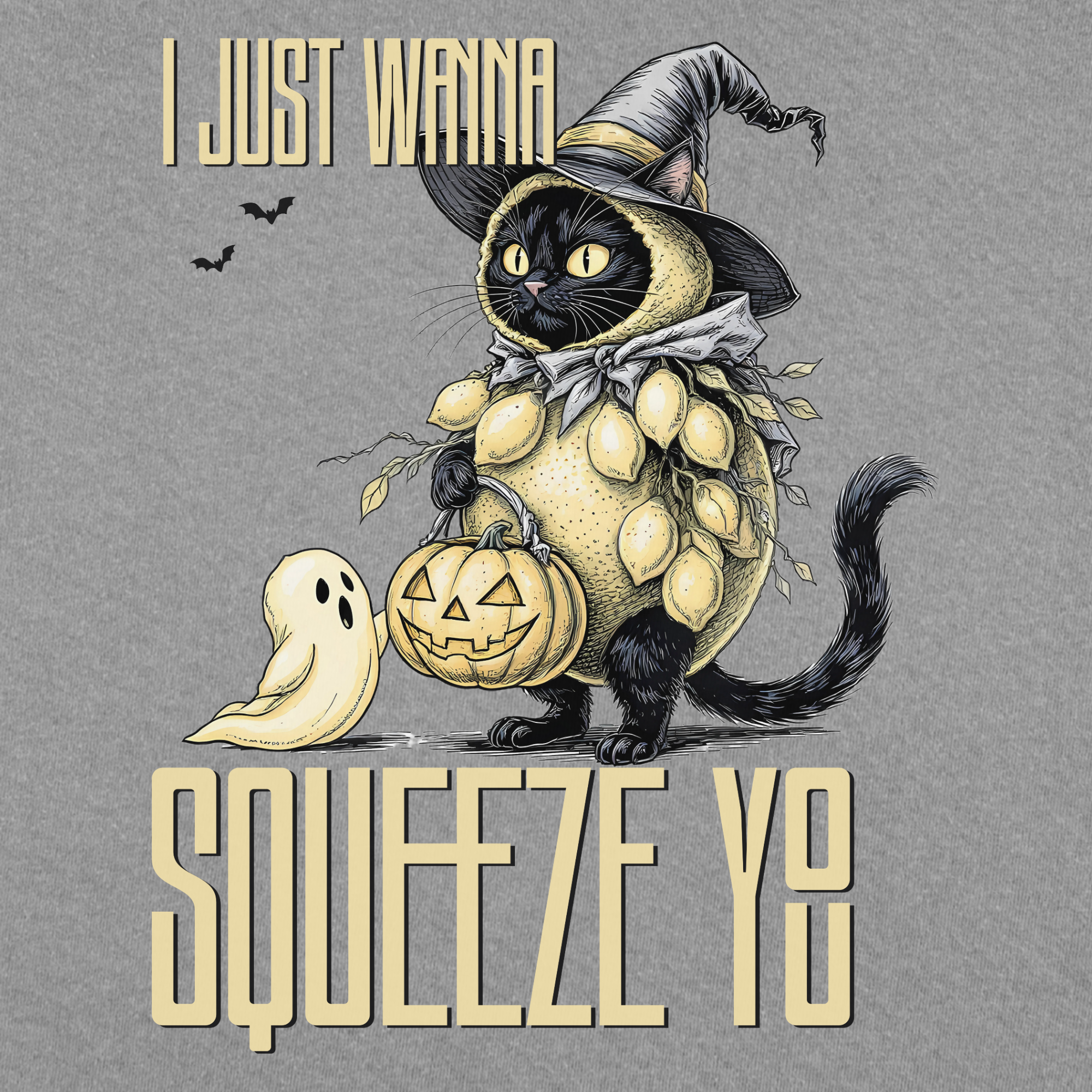 Line Art I Just Wanna Squeeze You Lemon Trick-or-Treater Cat Line Art Comfort Colors T-Shirt in Gray-T-Shirt-Fetch N Found