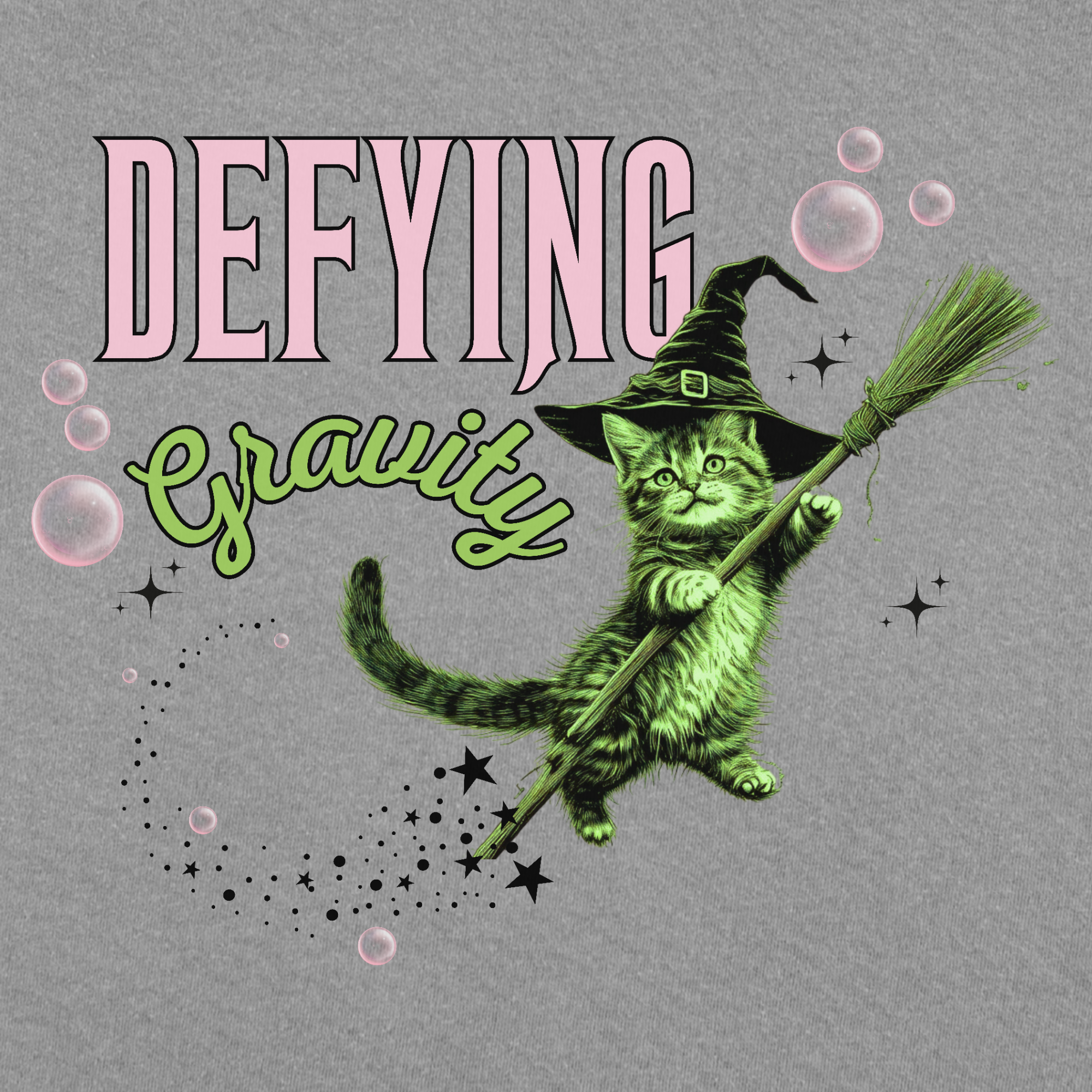 Retro Cute Cat Graphic Defying Gravity Wicked-Inspired T-Shirt in Gray