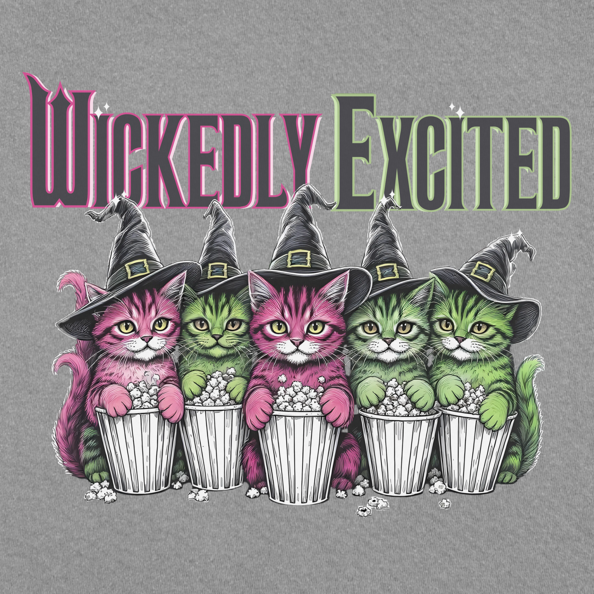 Movie-Inspired Wickedly Excited Movie Going Kitties Cat Graphic Comfort Colors T-Shirt in Gray