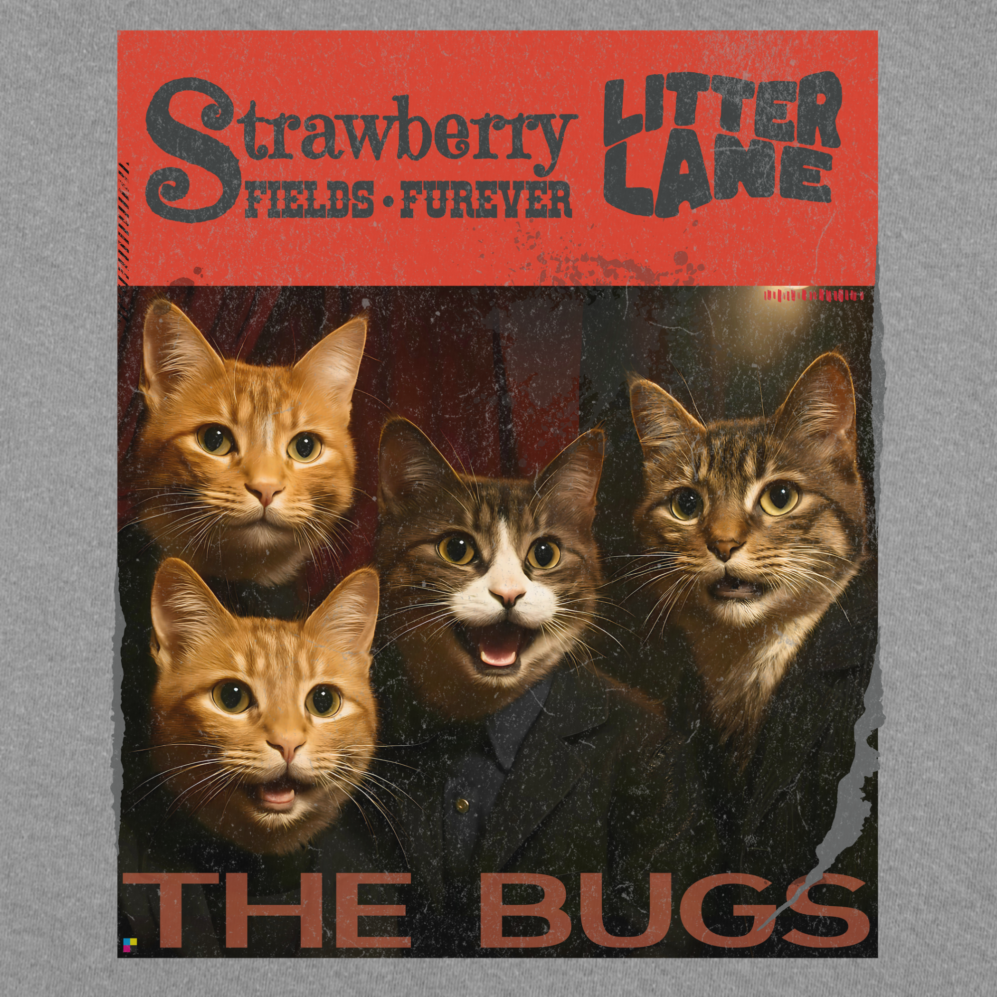 Vintage Strawberry Fields Furever Litter Lane Famous Cat Musician Album Cover Cat Graphic Comfort Colors T-Shirt in Gray