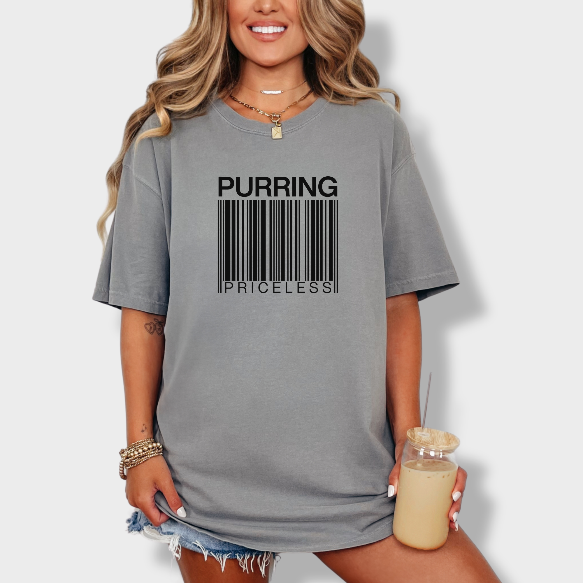 Modern Purring is Priceless Barcode Cat Graphic Comfort Colors T-Shirt in Gray