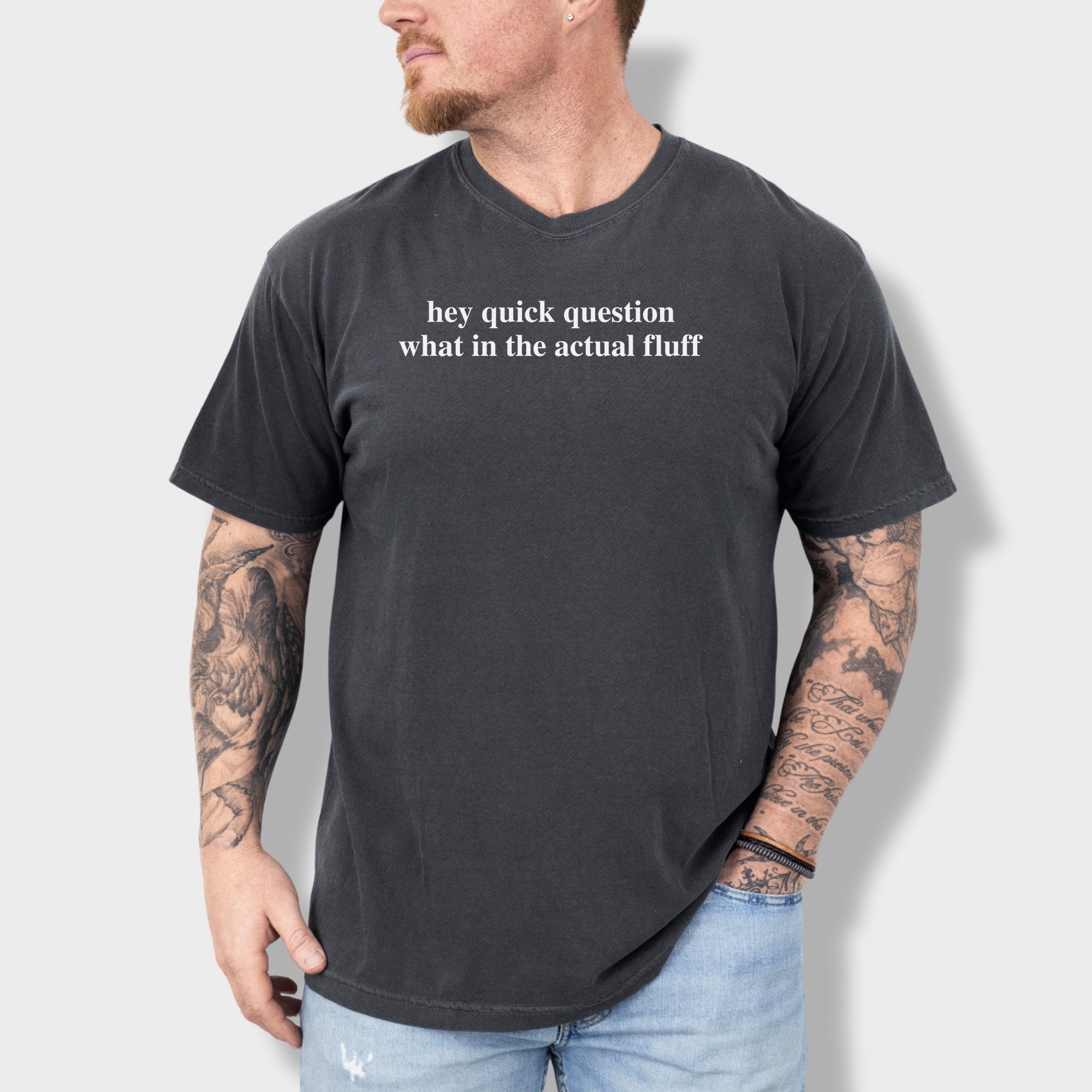 Modern Hey quick question FLUFF Pet Text Comfort Colors T-Shirt in Pepper-Fetch N Found