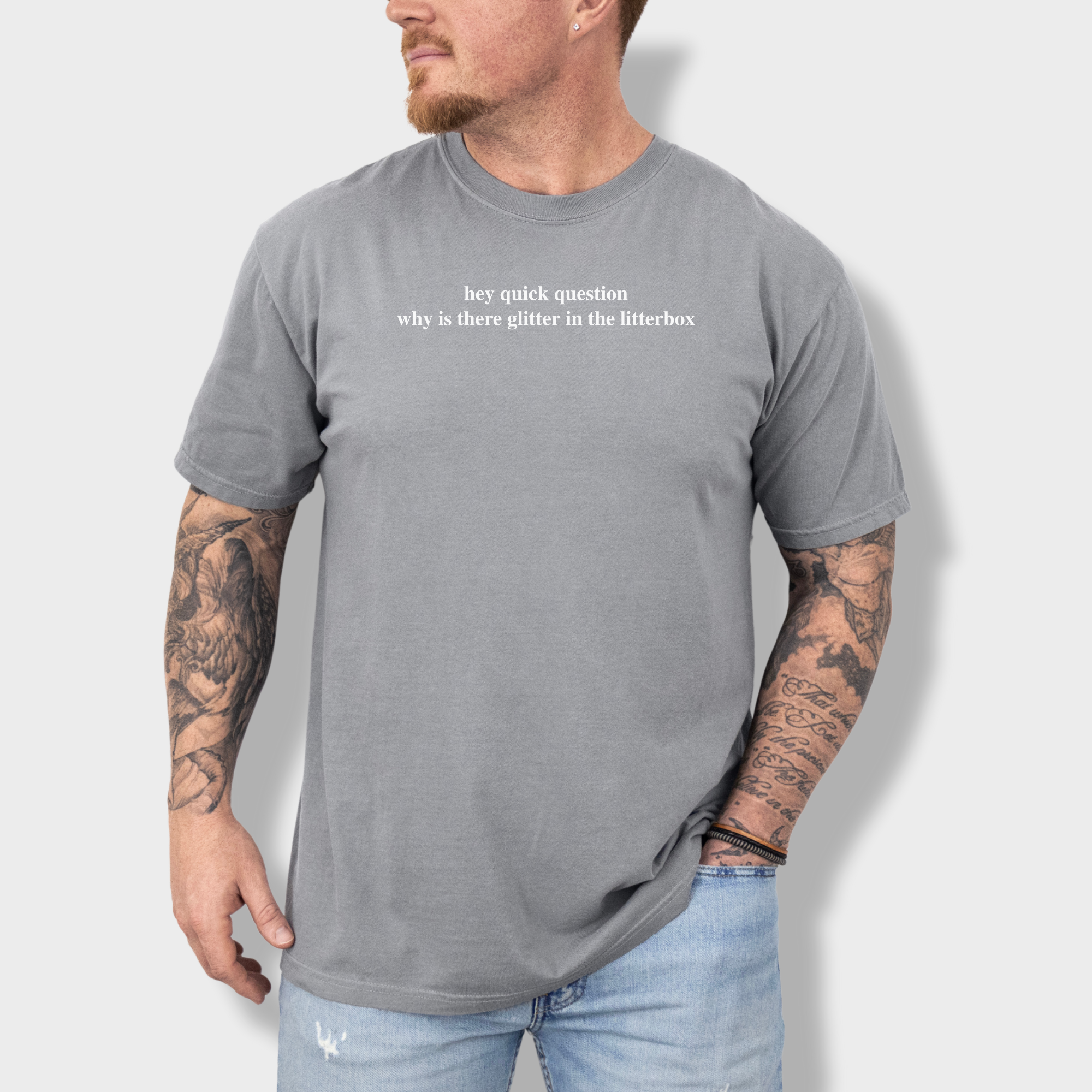 Modern Hey quick question GLITTER Pet Text Comfort Colors T-Shirt in Grey-Fetch N Found