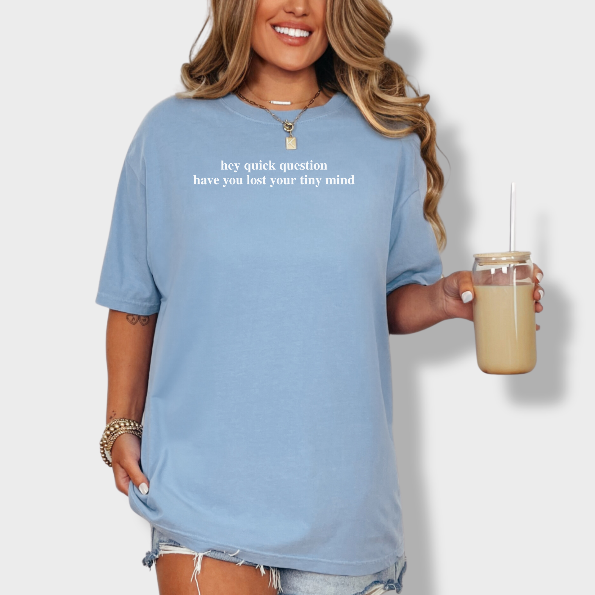 Modern Hey quick question TINY MIND Pet Text Comfort Colors T-Shirt in Washed Denim-Fetch N Found