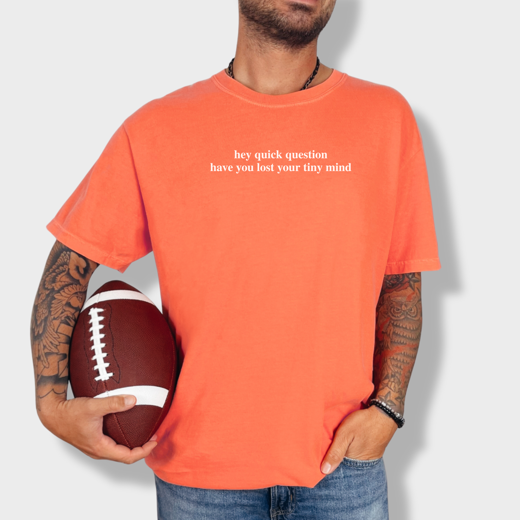Modern Hey quick question TINY MIND Pet Text Comfort Colors T-Shirt in Bright Salmon-Fetch N Found