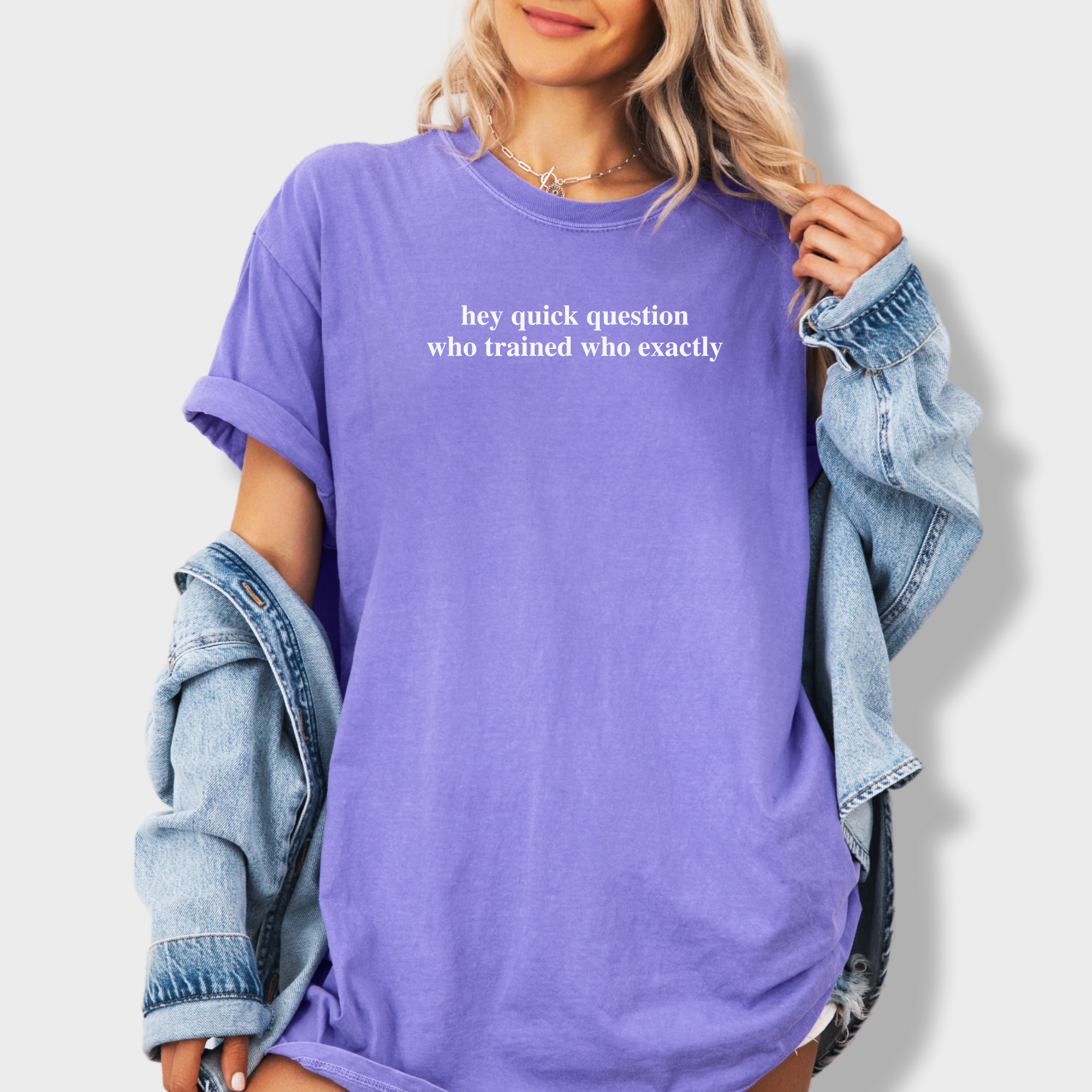 Modern Hey quick question TRAINING Pet Text Comfort Colors T-Shirt in Violet-Fetch N Found