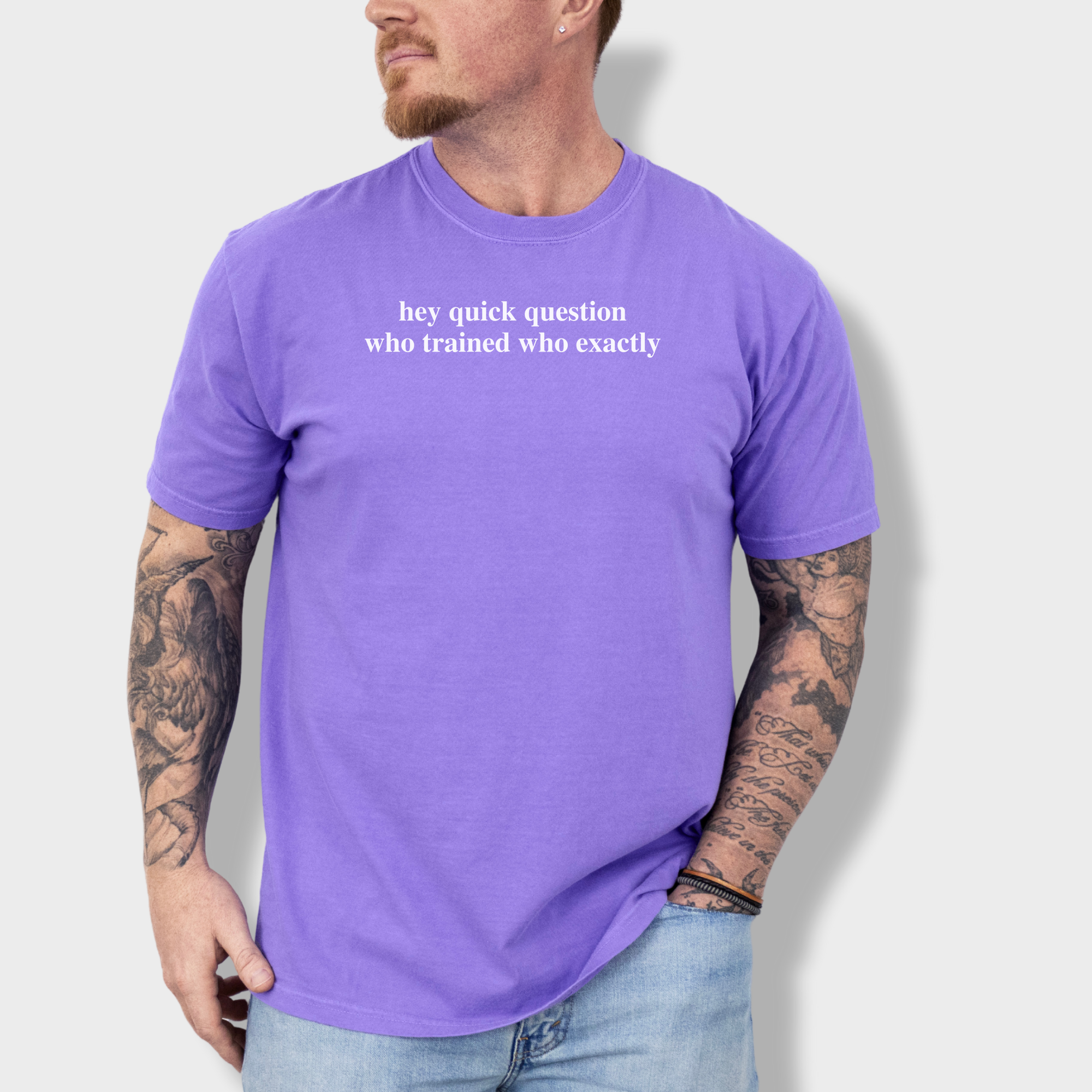 Modern Hey quick question TRAINING Pet Text Comfort Colors T-Shirt in Violet-Fetch N Found