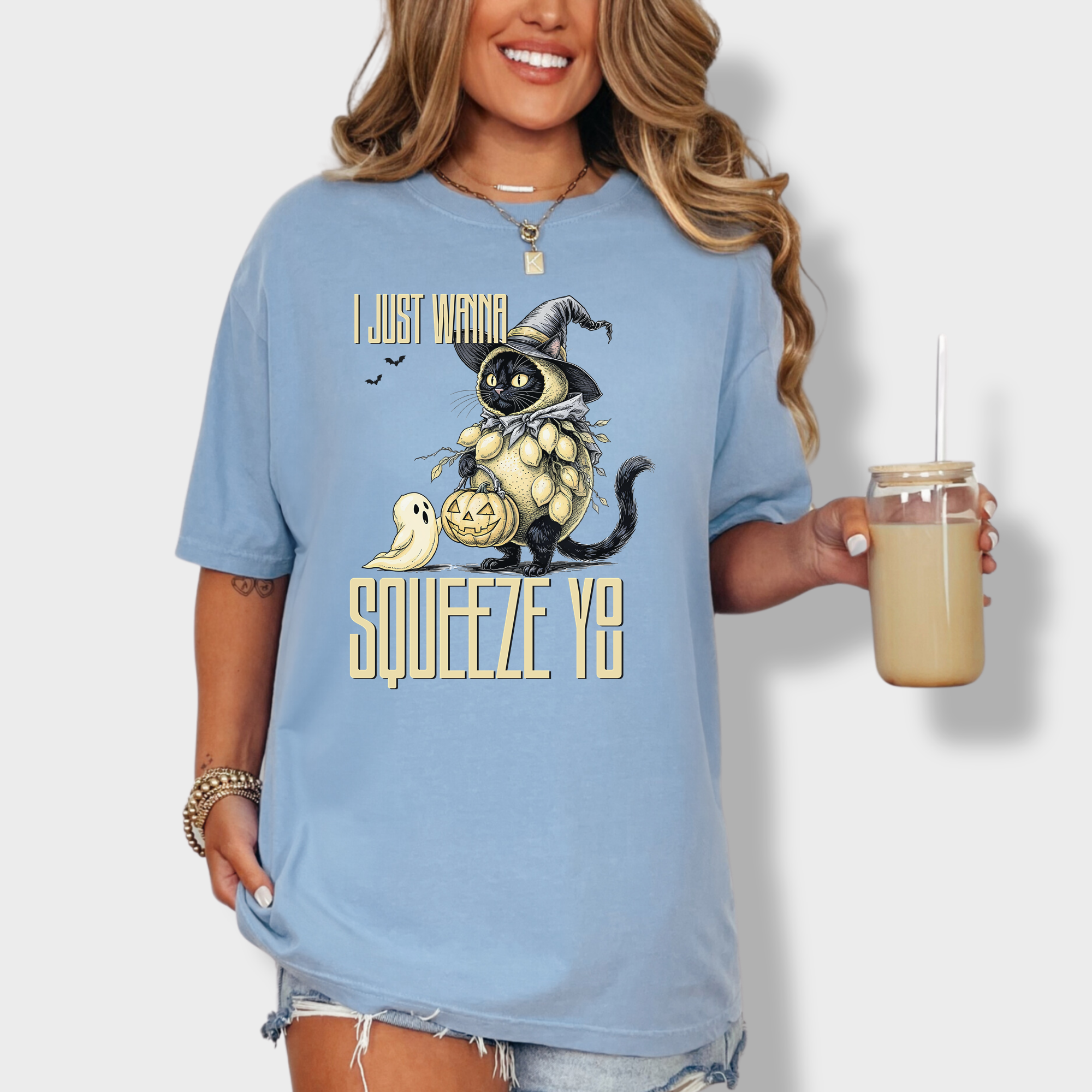 Line Art I Just Wanna Squeeze You Lemon Trick-or-Treater Cat Graphic Comfort Colors T-Shirt in Washed Denim-T-Shirt-Washed Denim-Fetch N Found