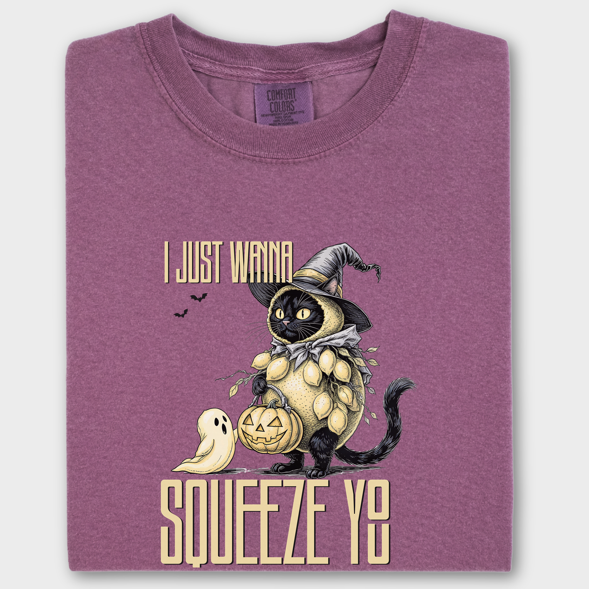 Line Art I Just Wanna Squeeze You Lemon Trick-or-Treater Cat Graphic Comfort Colors T-Shirt in Berry-T-Shirt-Berry-Fetch N Found