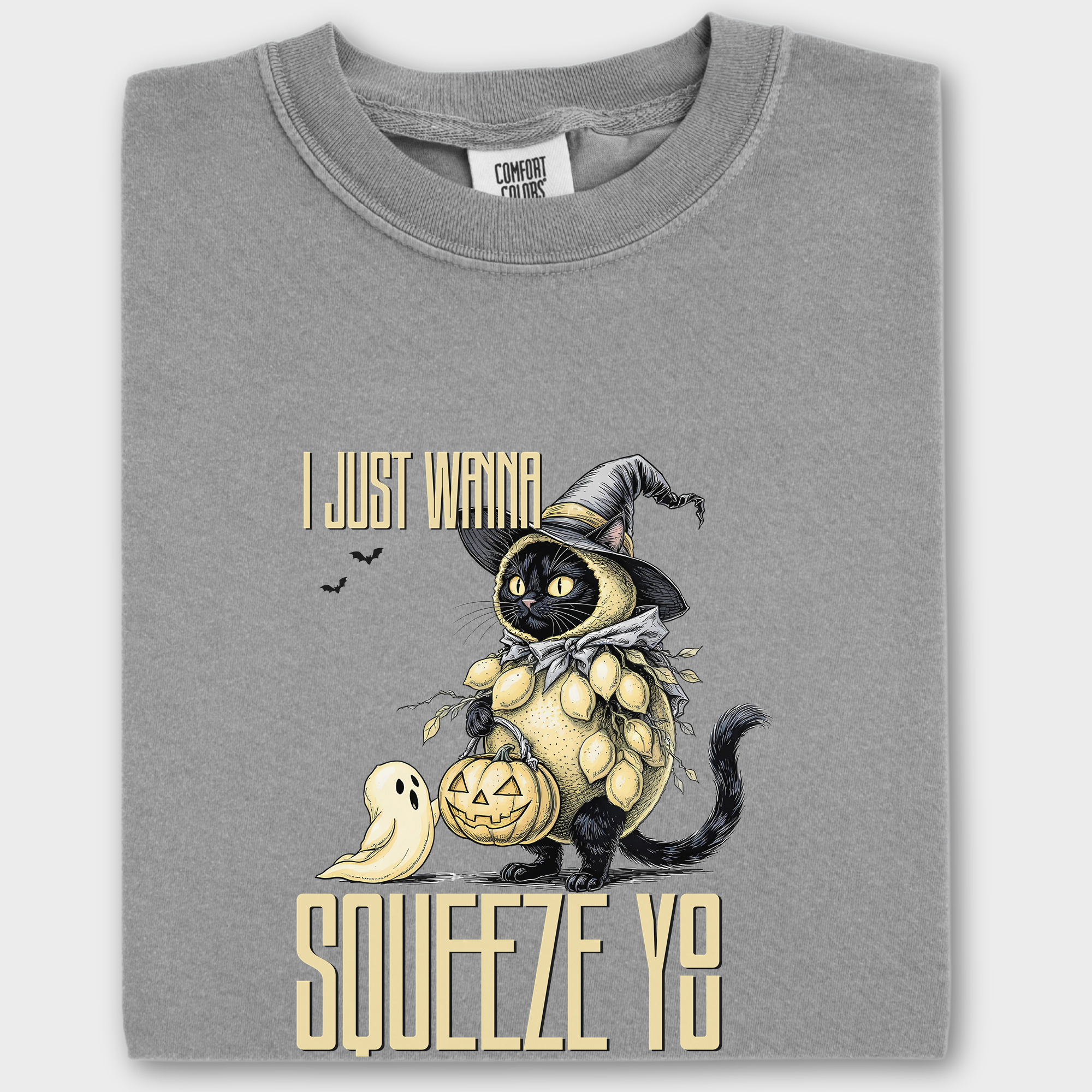 Line Art I Just Wanna Squeeze You Lemon Trick-or-Treater Cat Line Art Comfort Colors T-Shirt in Gray-T-Shirt-Grey-Fetch N Found
