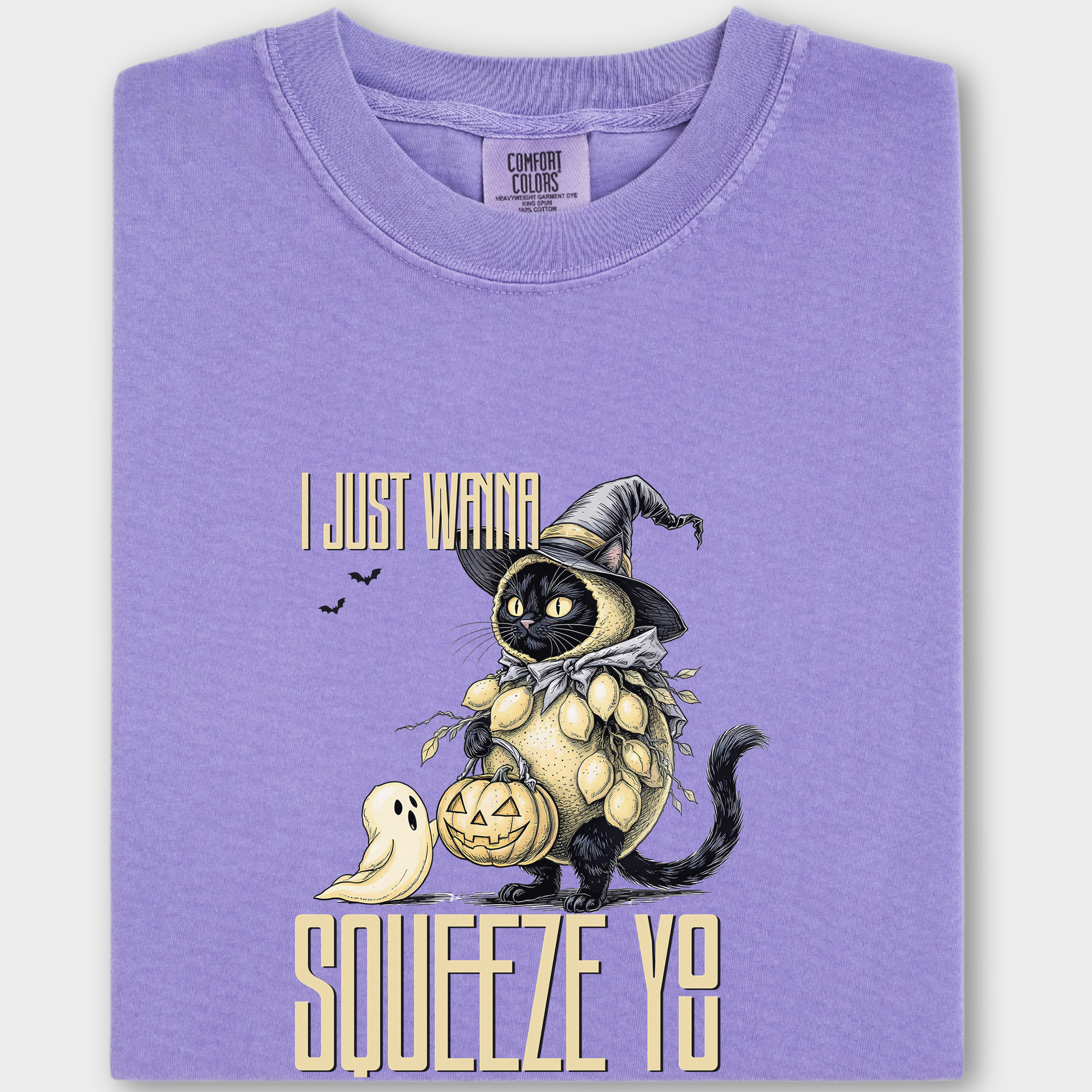 Line Art I Just Wanna Squeeze You Lemon Trick-or-Treater Cat Graphic Comfort Colors T-Shirt in Violet-T-Shirt-Violet-Fetch N Found