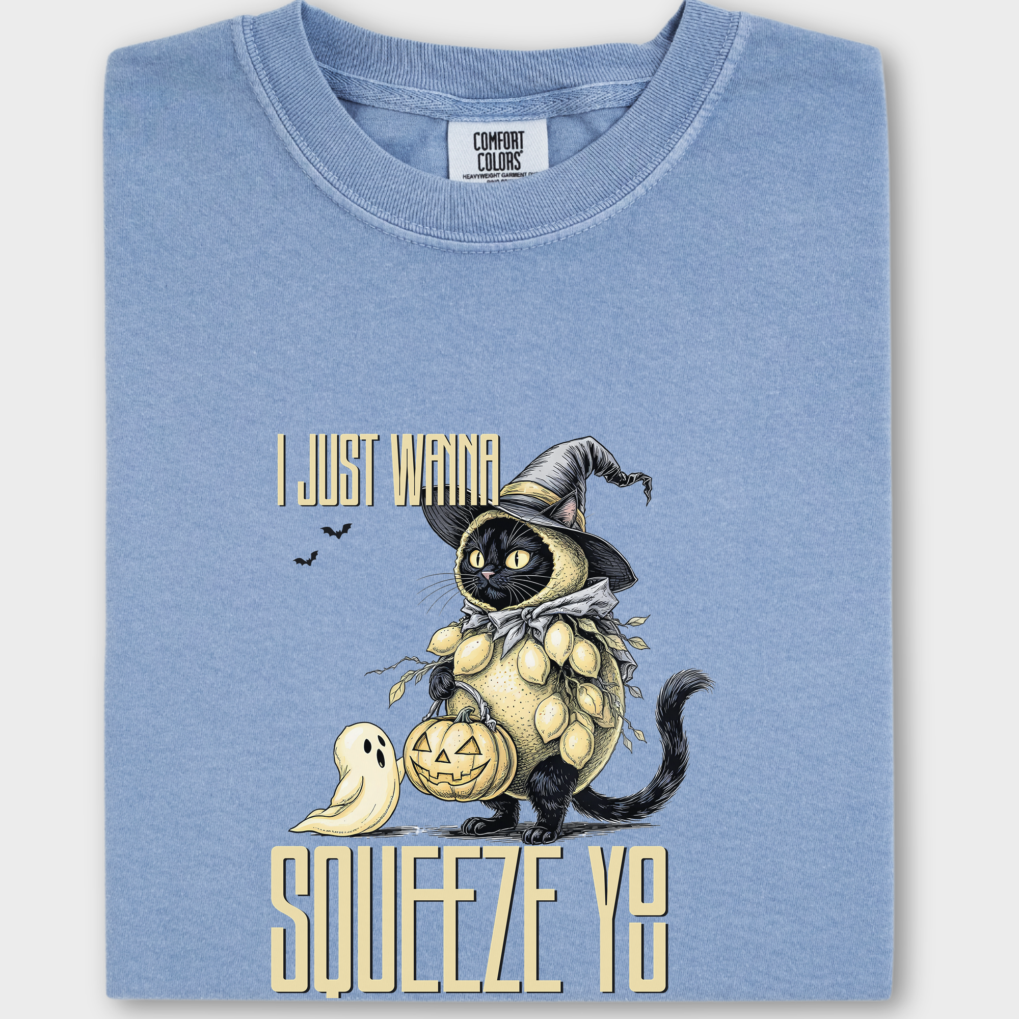 Line Art I Just Wanna Squeeze You Lemon Trick-or-Treater Cat Graphic Comfort Colors T-Shirt in Washed Denim-T-Shirt-Washed Denim-Fetch N Found