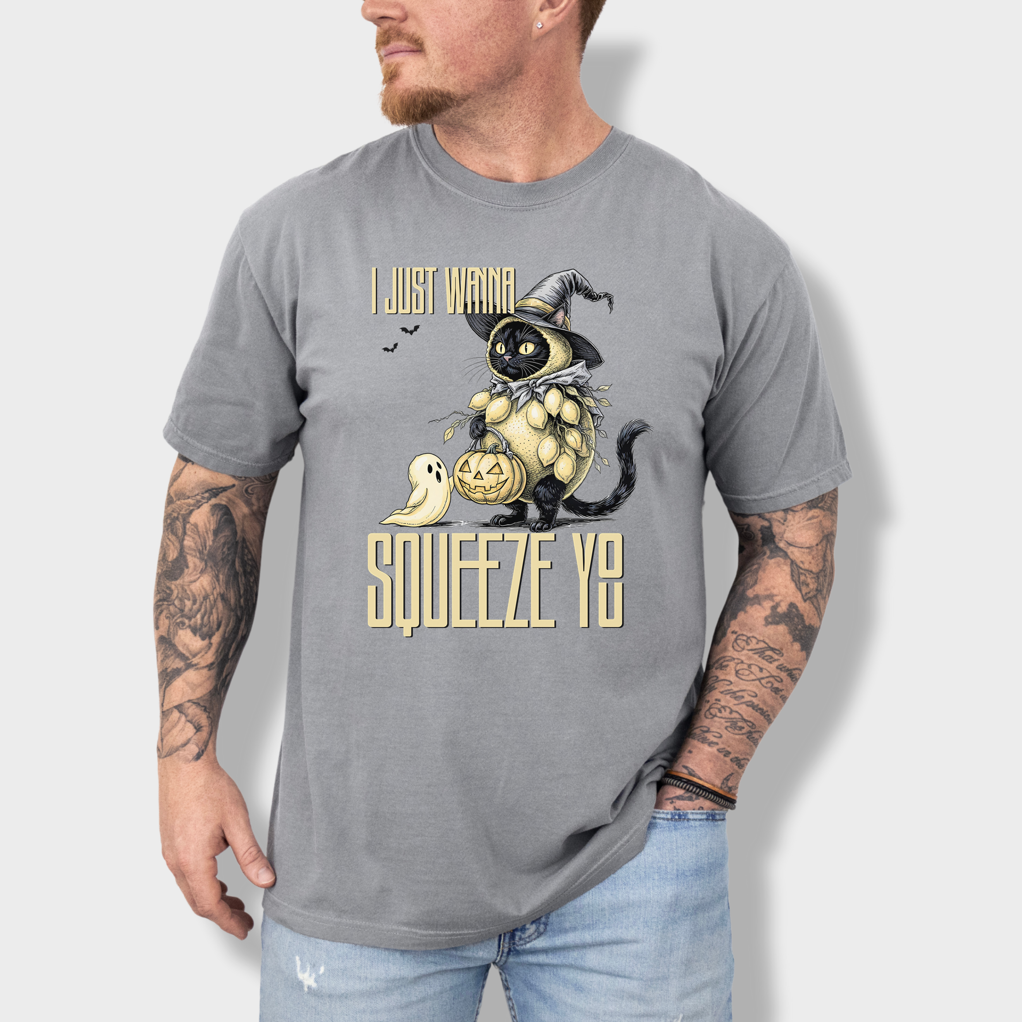 Line Art I Just Wanna Squeeze You Lemon Trick-or-Treater Cat Line Art Comfort Colors T-Shirt in Gray-T-Shirt-Grey-Fetch N Found