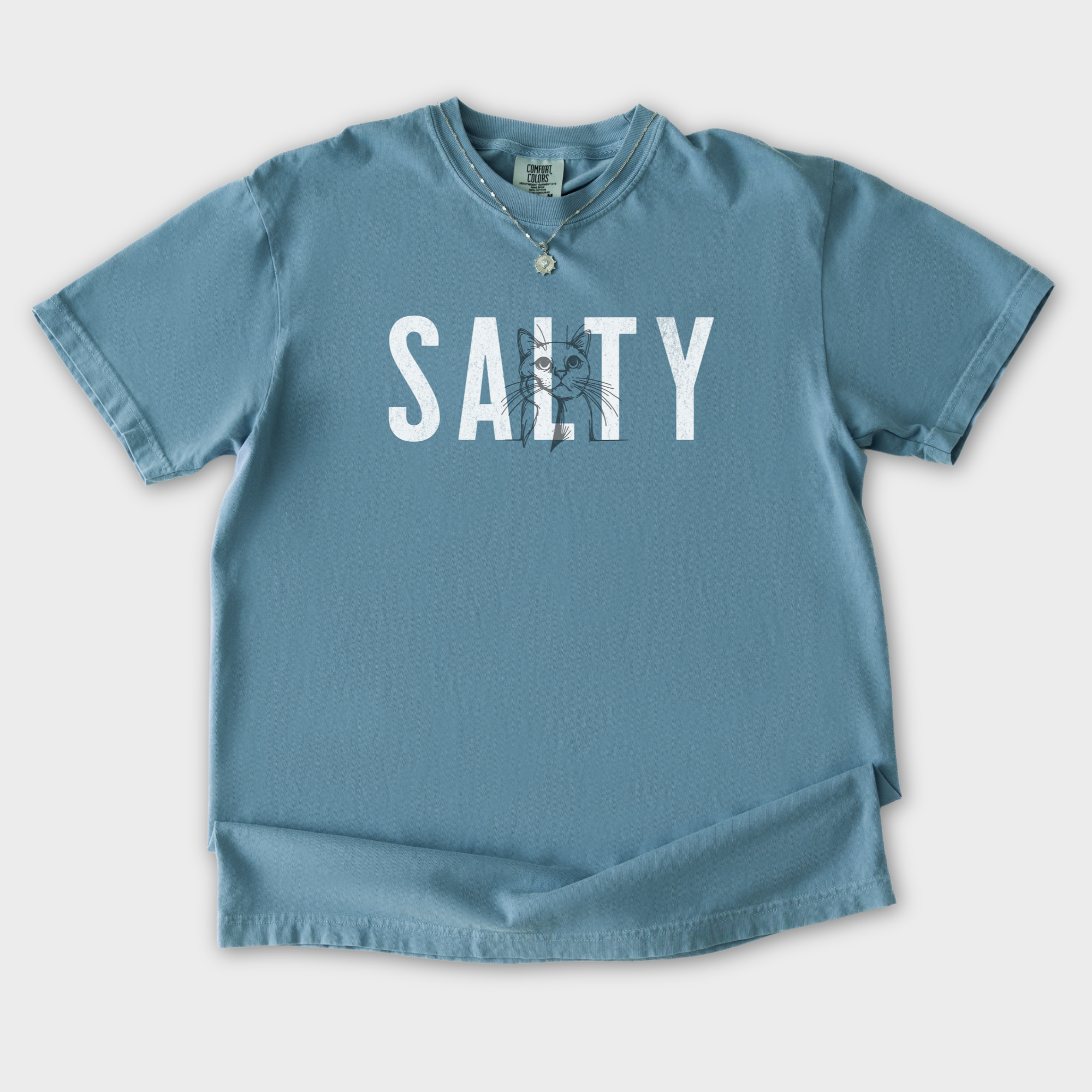 Retro Salty Cat Text Comfort Colors T-Shirt in Ice Blue