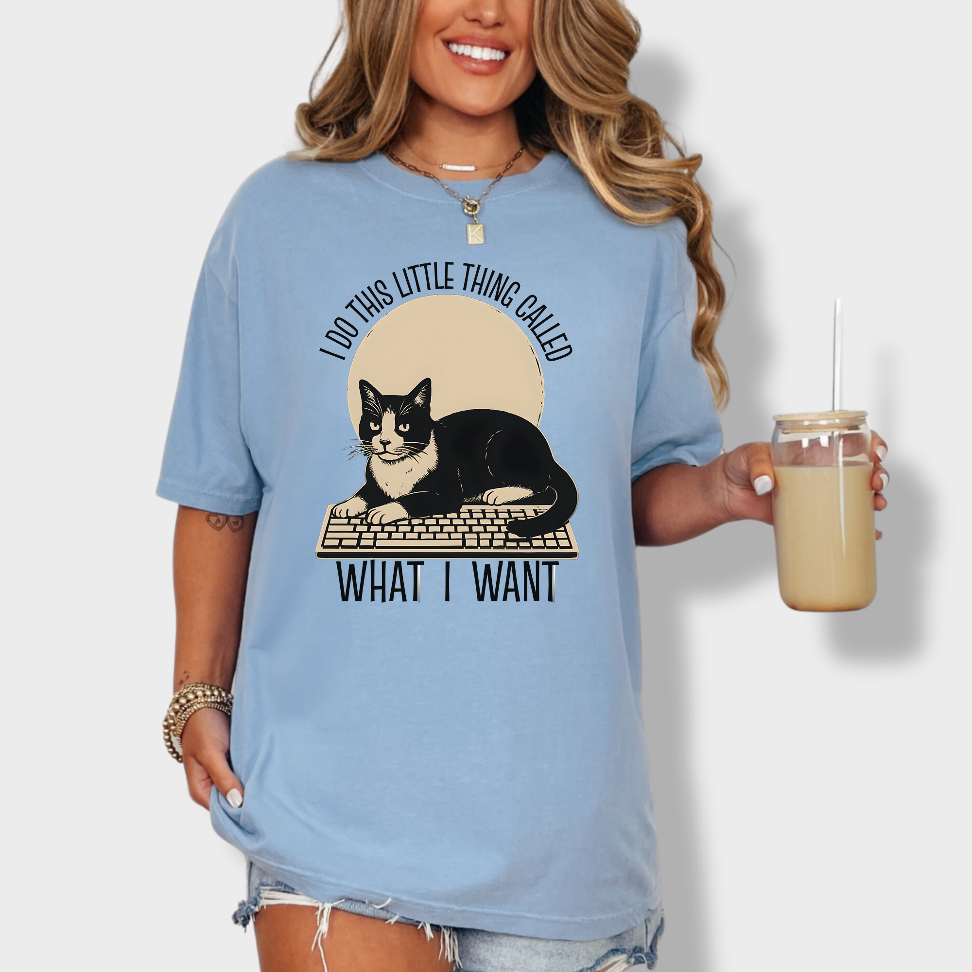 Retro I Do This Little Thing Called What I Want Cat Minimalist Comfort Colors T-Shirt in Washed Denim-T-Shirt-Washed Denim-Fetch N Found