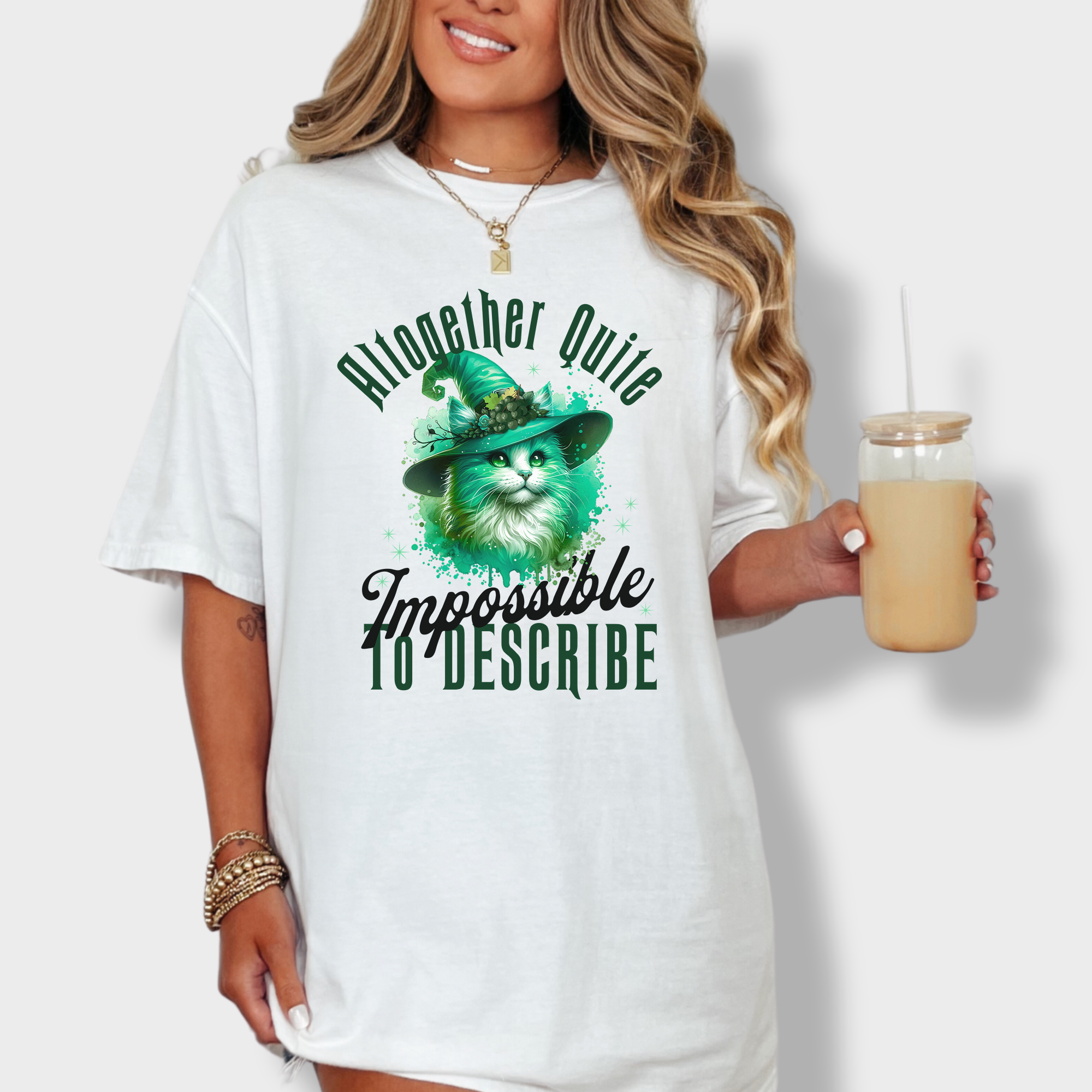 Retro Cute Cat Green Wicked Impossible to Describe Graphic T-Shirt in White-Fetch N Found