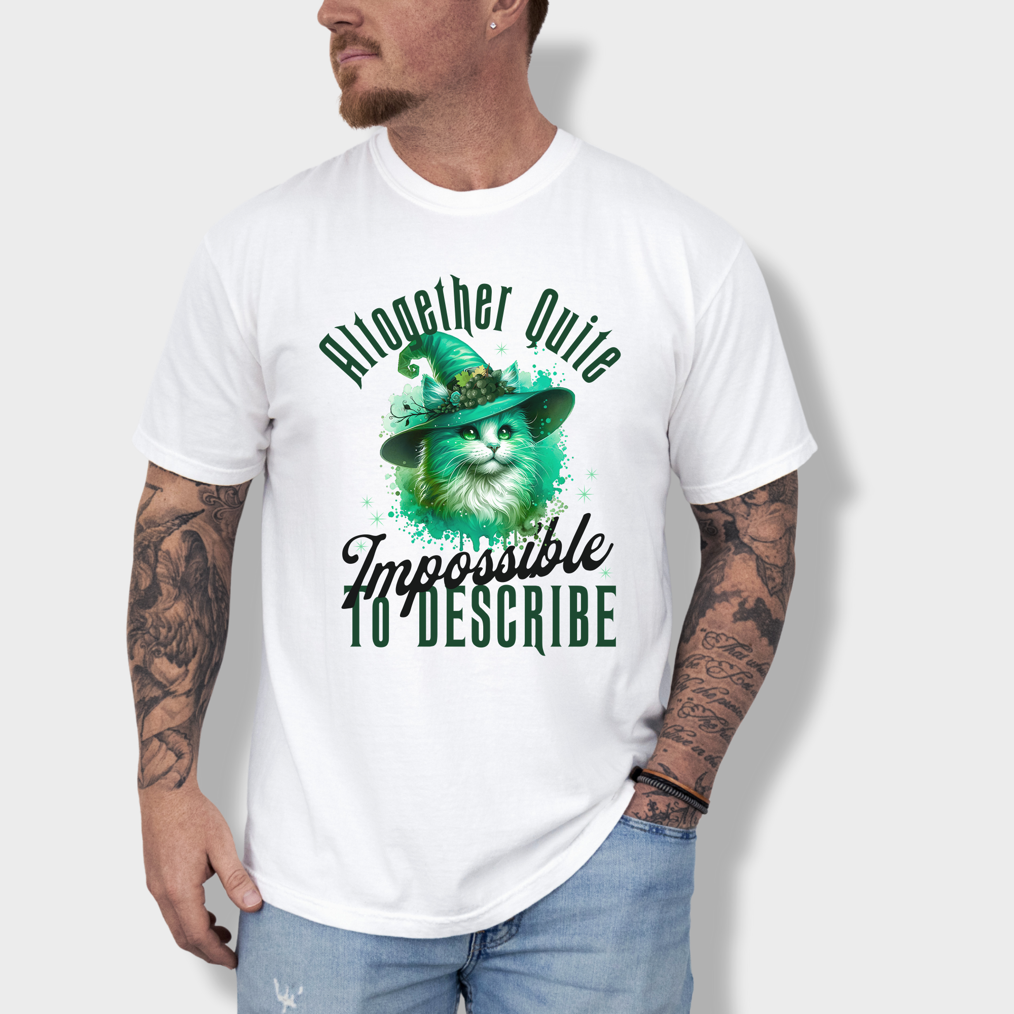 Retro Cute Cat Green Wicked Impossible to Describe Graphic T-Shirt in White-Fetch N Found