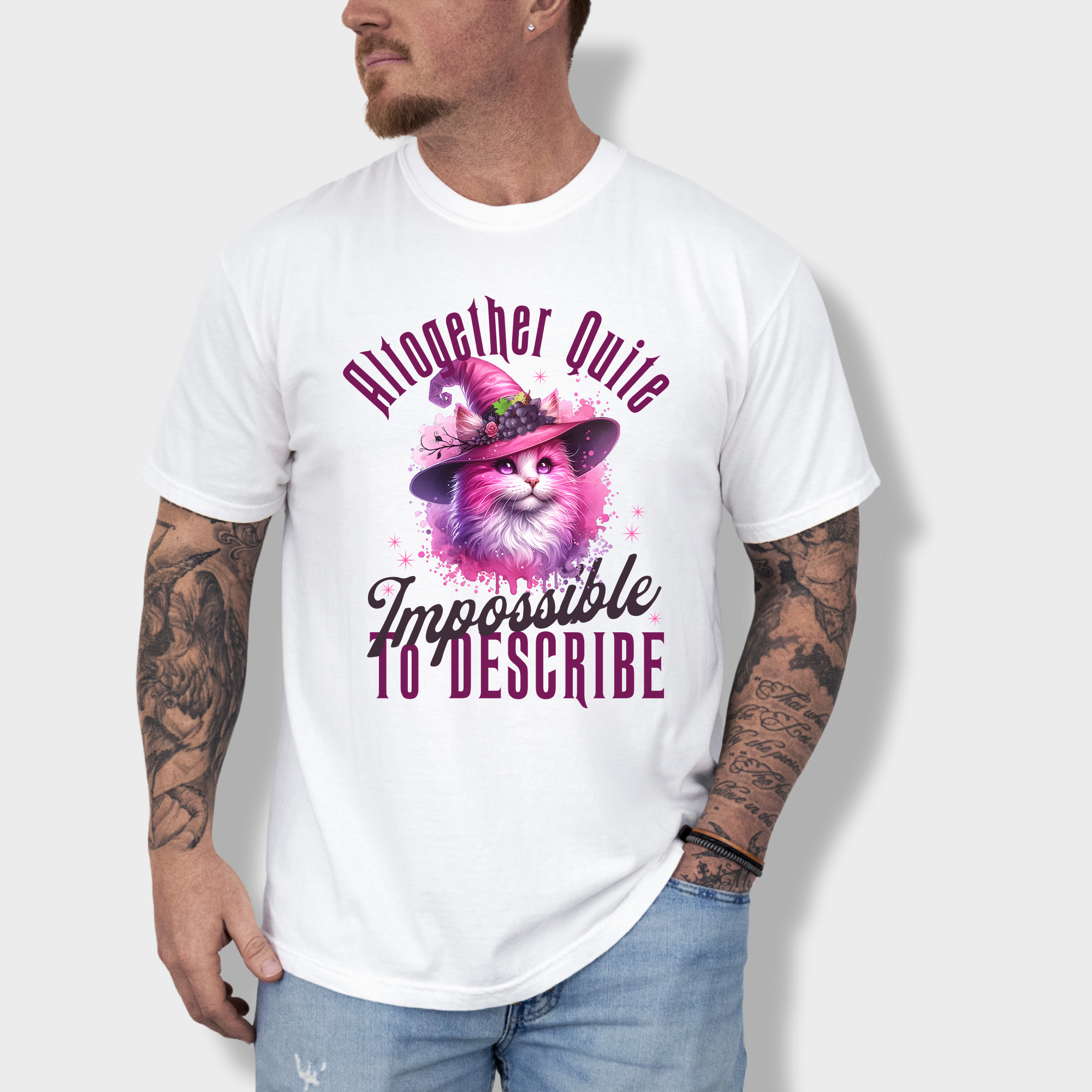 Whimsical watercolor-style pink cat wearing a witch’s hat, featuring the phrase 'altogether quite impossible to describe,' inspired by Wicked.