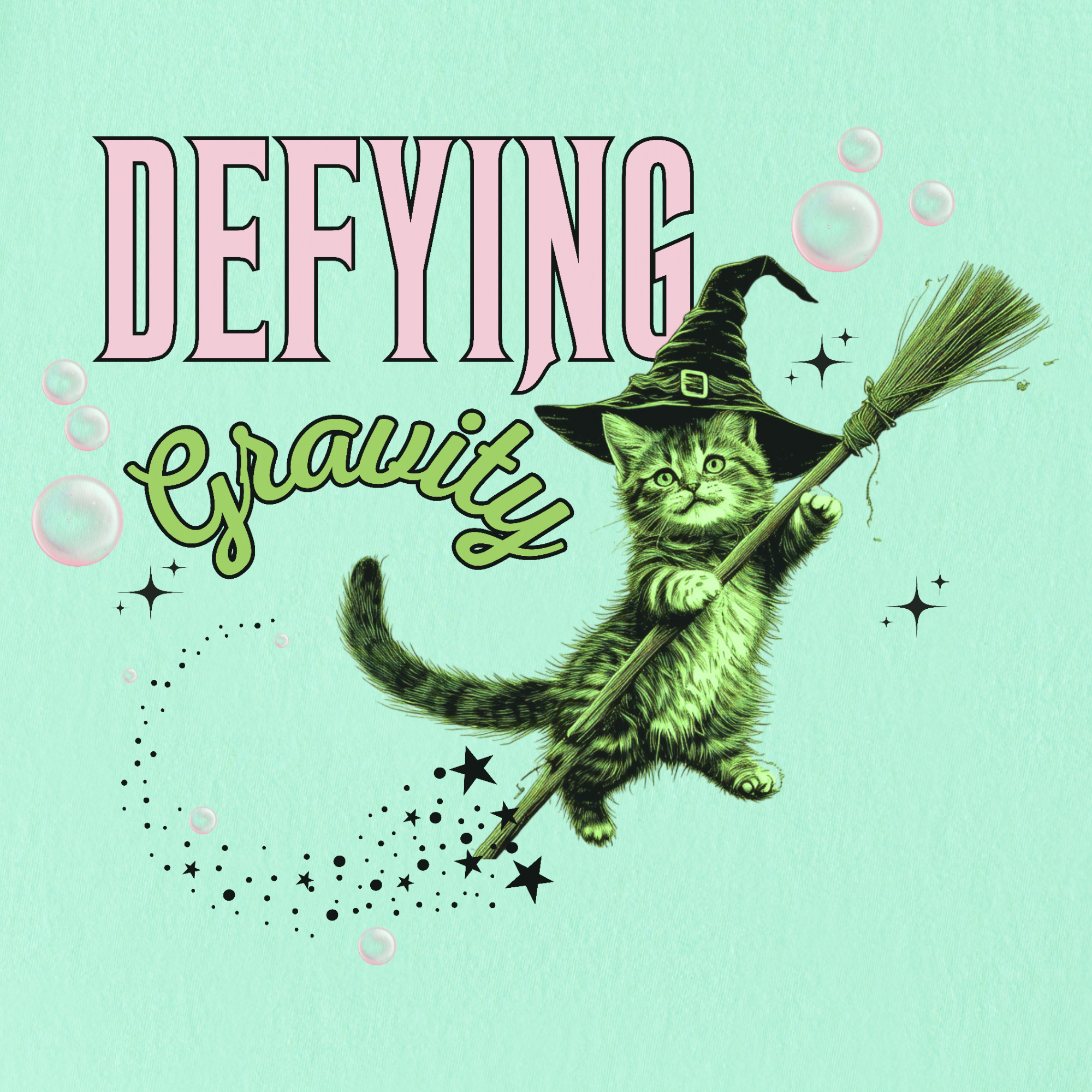 Retro Cute Cat Graphic Defying Gravity Wicked-Inspired T-Shirt in Island Reef