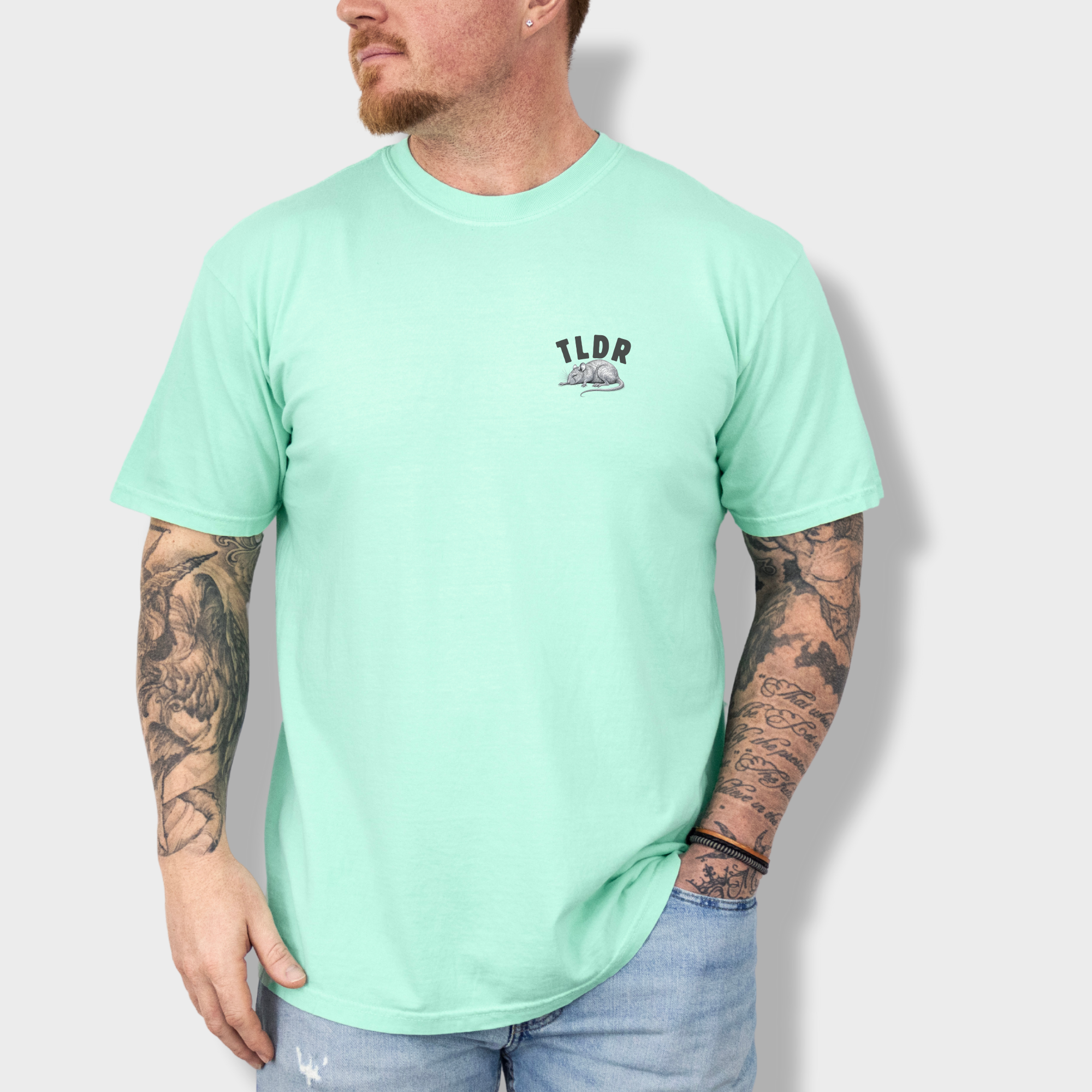Line Art Too Long Didnt Read TLDR Cat plus Mouse Cat Graphic Comfort Colors T-Shirt in Island Reef-T-Shirt-Fetch N Found